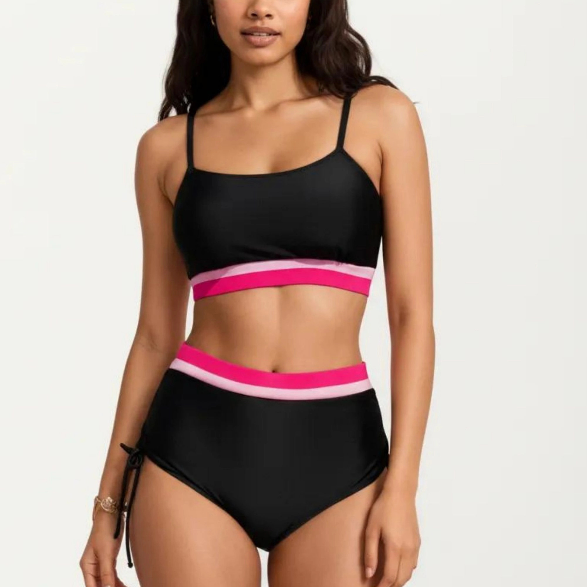 Anna-Kaci Women's Two Piece Bikini Set with Scoop Neck Top High Waist Bottom and Contrast Trim