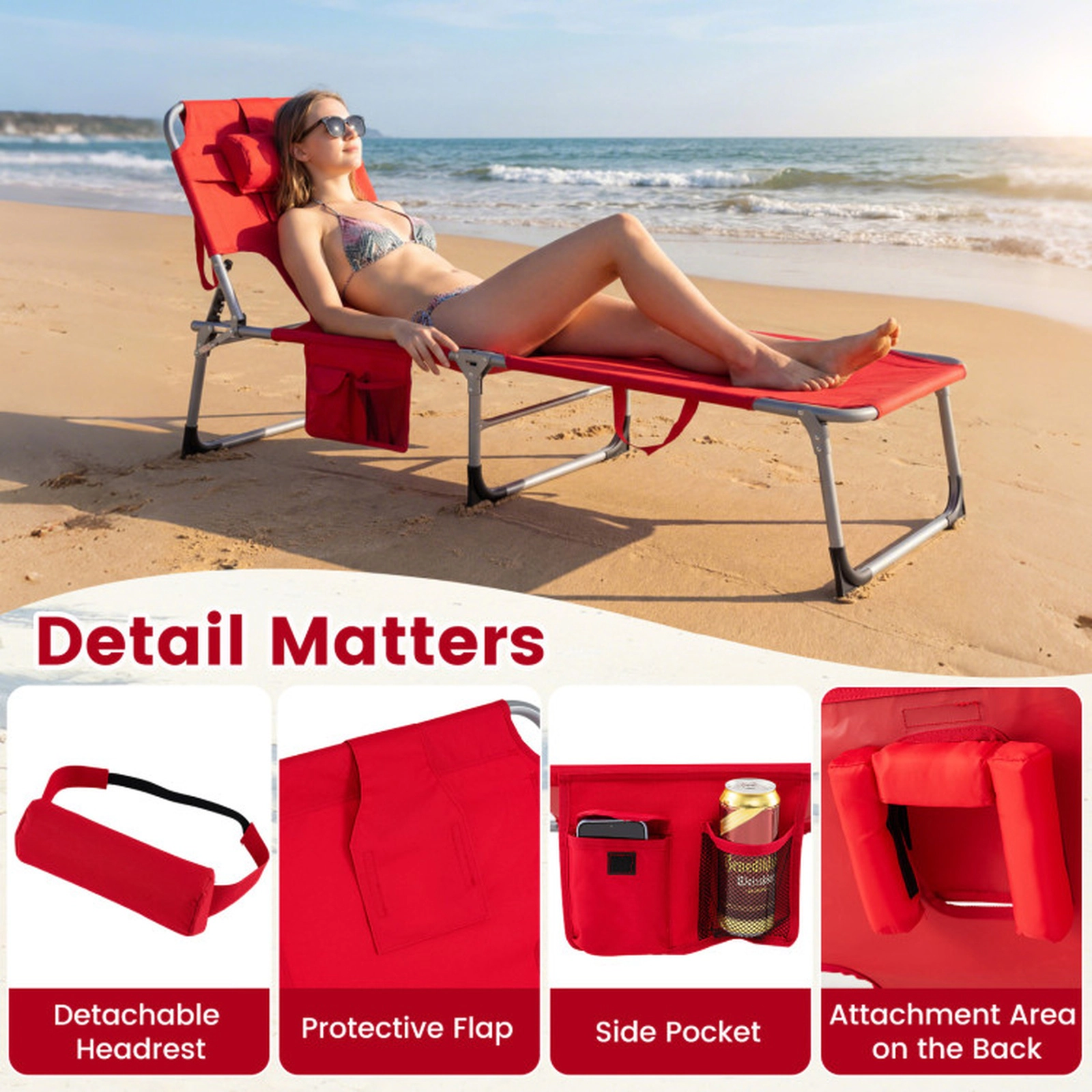 SUGIFT Adjustable Folding Tanning Chair with Face and Arm Holes 330-Lb Capacity 76-in Frame Oxford Cloth with Pillow