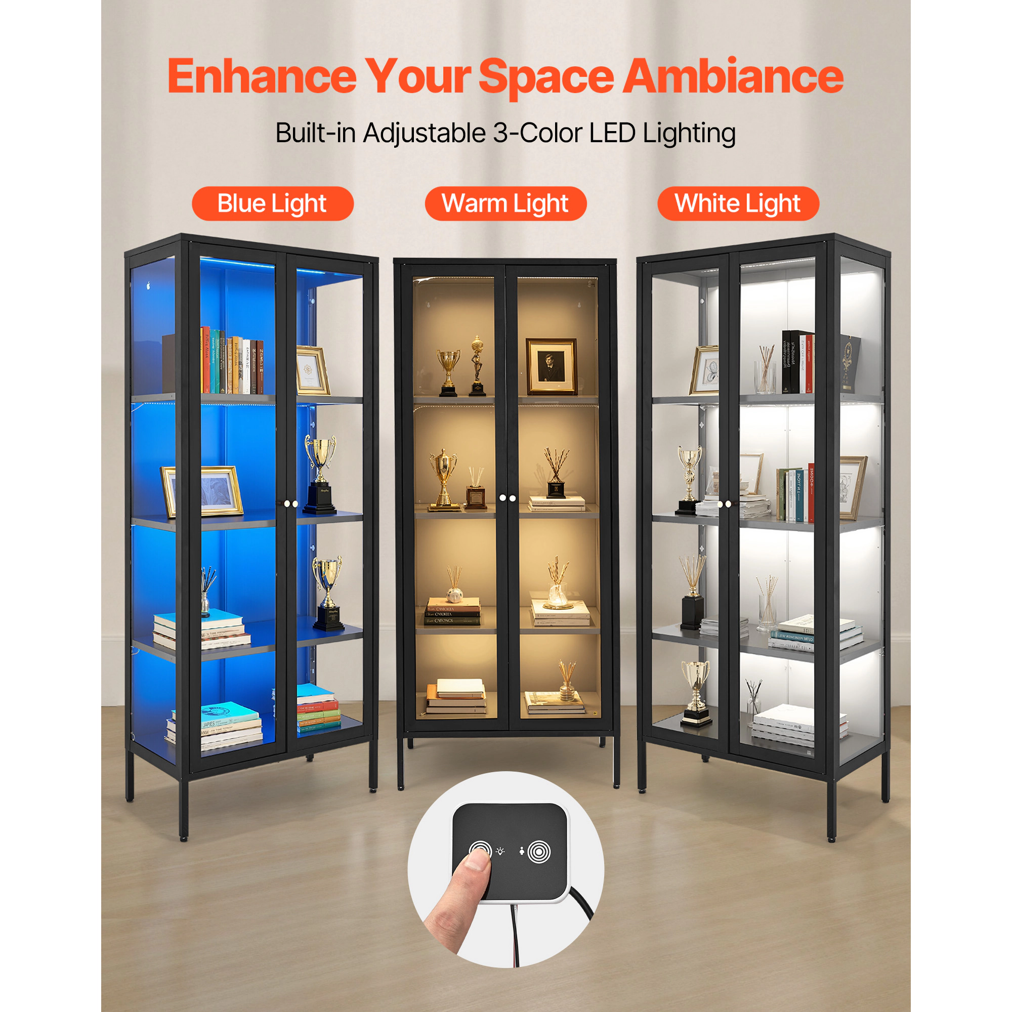 HONGGE Display Cabinet with Glass, 4-Tier Display Case, Storage Cabinet with Adjustable Shelves for Collectibles