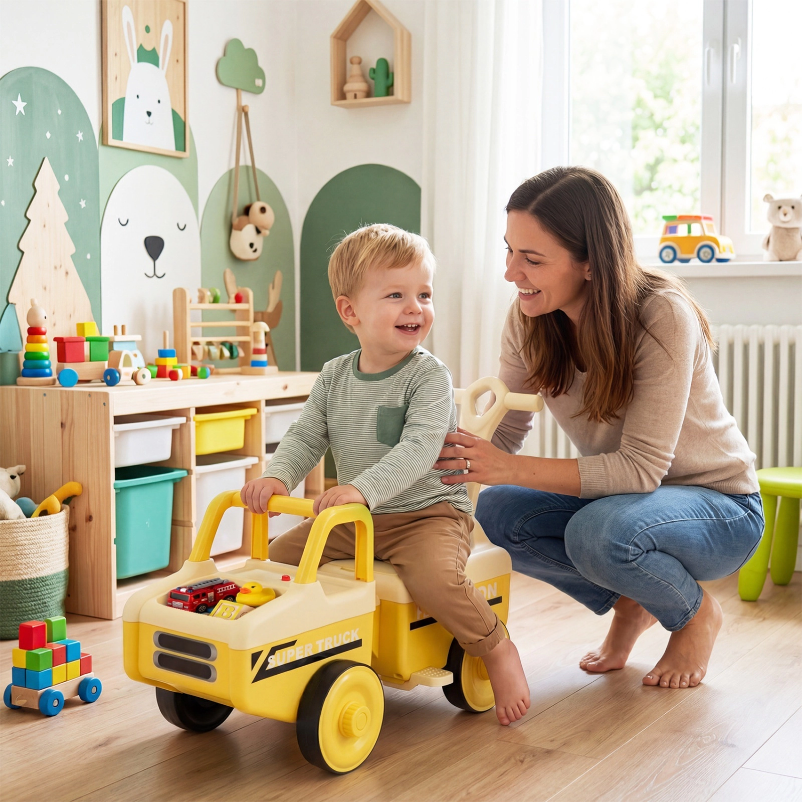 4-in-1 Kids Ride on Push Car Detachable Trailer 10 Songs Under Seat Storage Backrest Ages 1.5-5 45-lb Seat Load