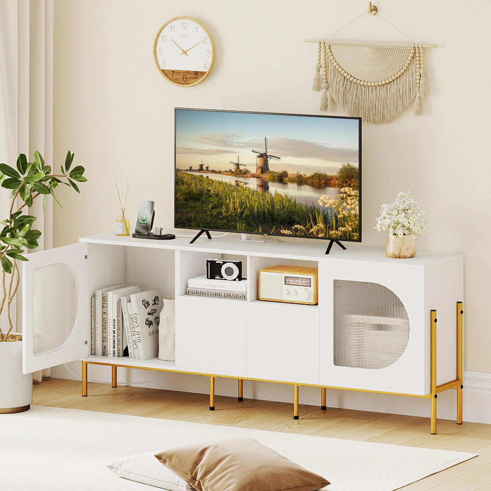 SUGIFT 65-in TV Stand for 70-in TV with Power Outlets Drawers and Open Shelves 135-lb Countertop White
