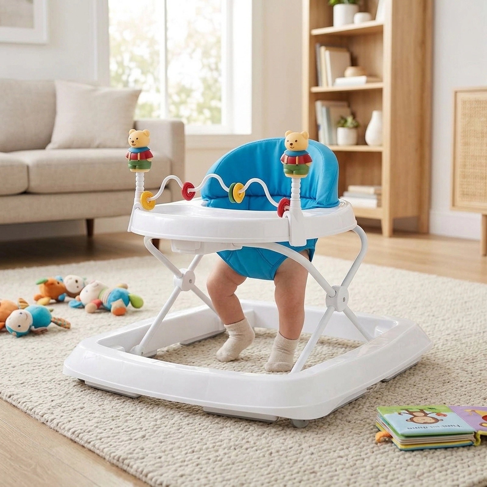 Adjustable Height Folding Baby Walker with Safety Belt 6 Non-Slip Pads Large Bottom Bumper Blue
