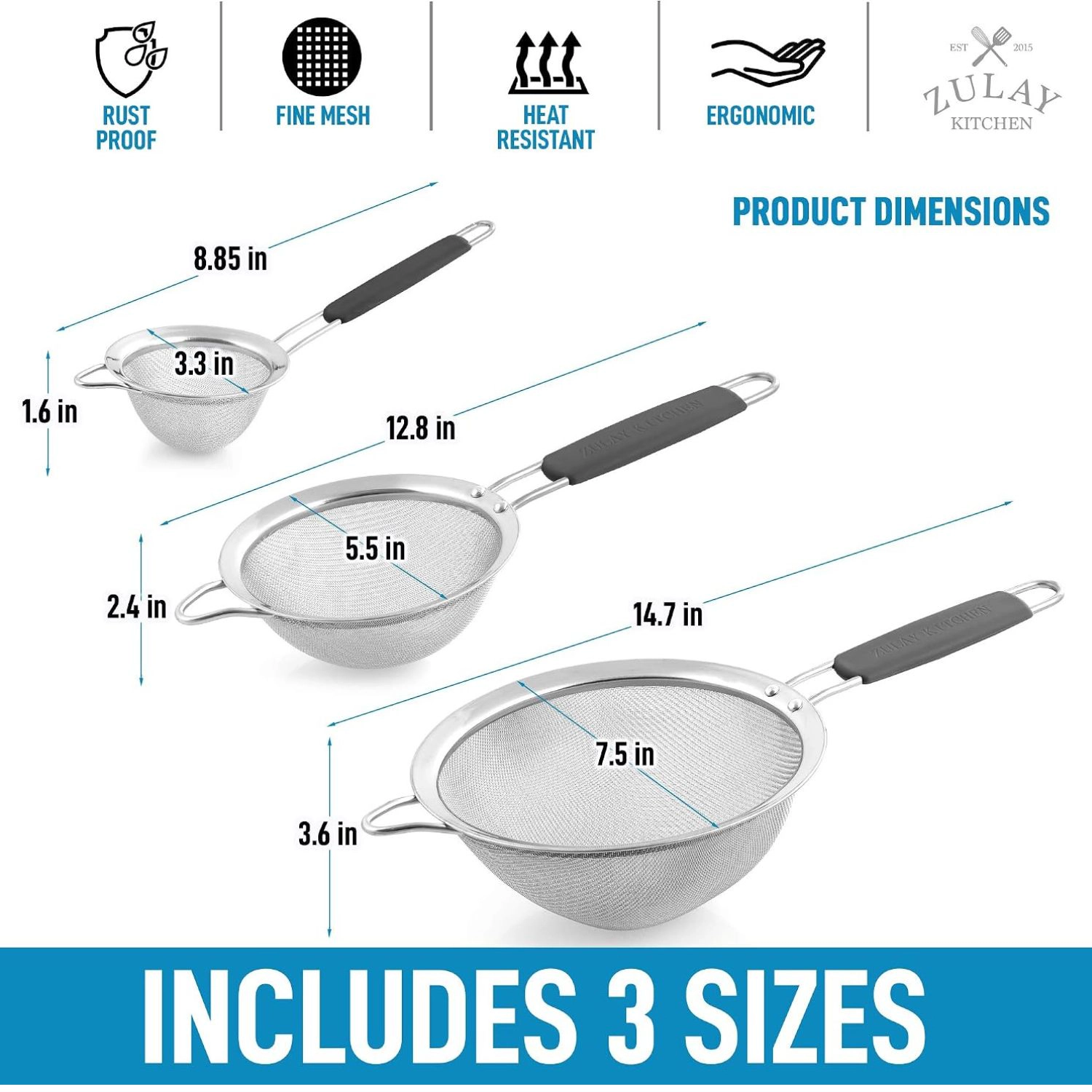 Zulay Kitchen Premium Stainless Steel Fine Mesh Strainer Set - Strainers For Kitchen (Set of 3) with Non-Slip Handles