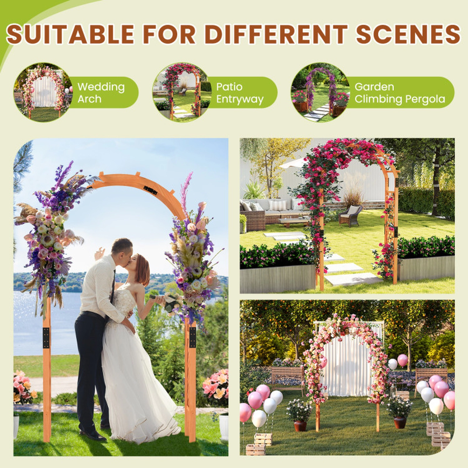 SUGIFT 7.7-Ft Fir Wood Garden Arch Arbor with Lattice Trellises 52-in Wide 93-in Tall for Climbing Plants 1-Pc Orange