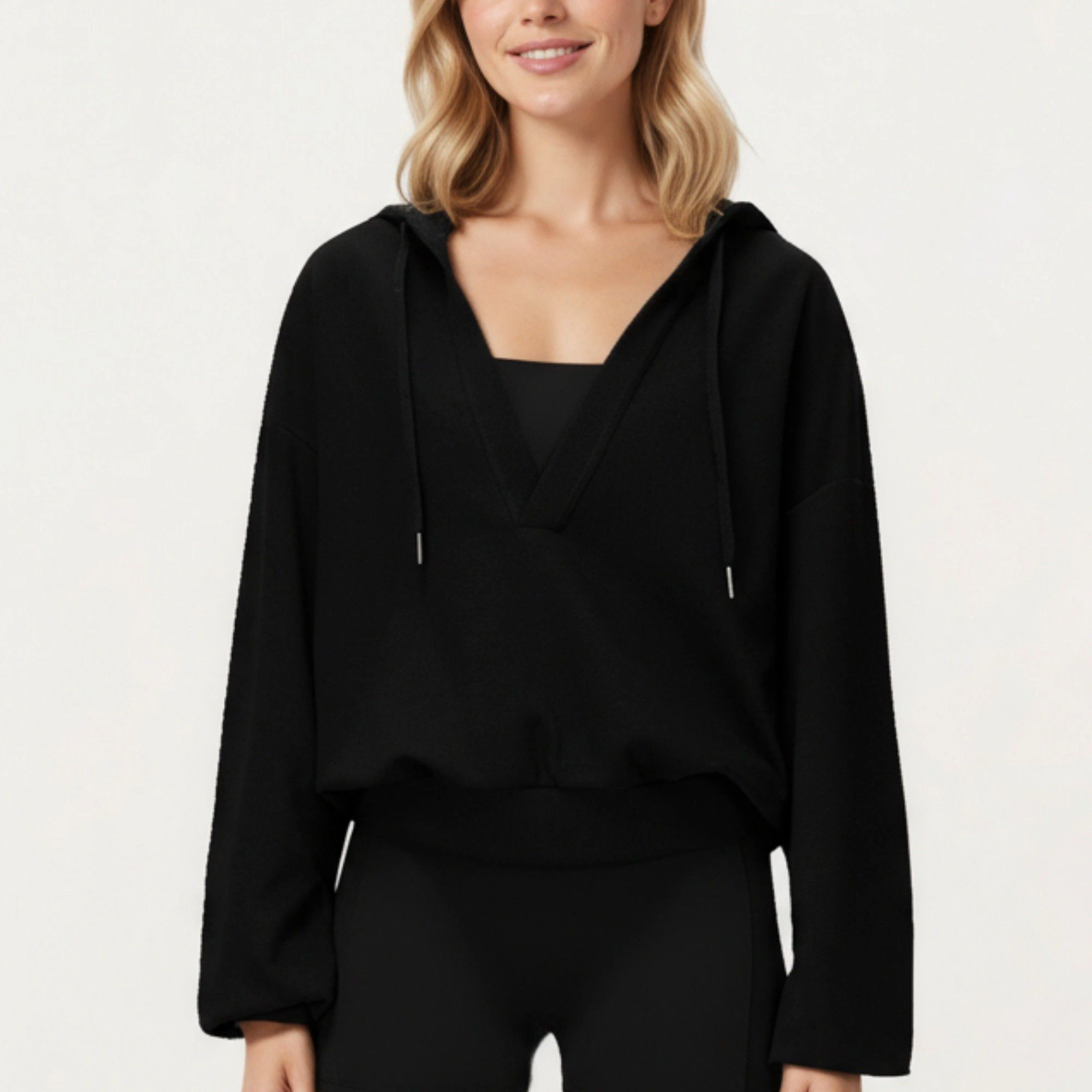 Anna-Kaci Women's Waffle Knit Long Sleeve Active Hoodie Top with Deep V-Neckline Fit and Stretch Texture