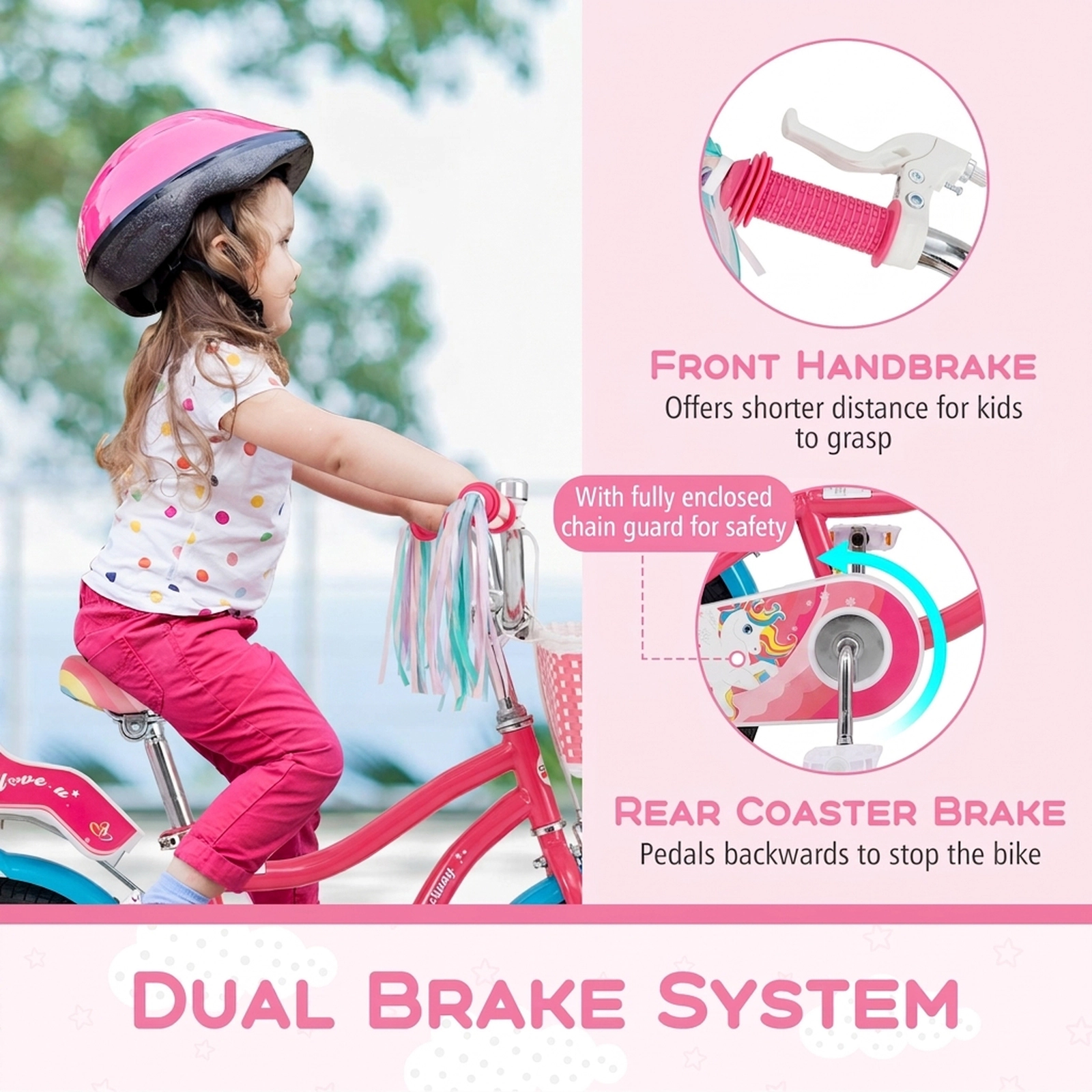 14-in Girls Bike Doll Seat Basket and Removable Training Wheels for Kids Ages 3-5 Adjustable Saddle and Handlebar Pink
