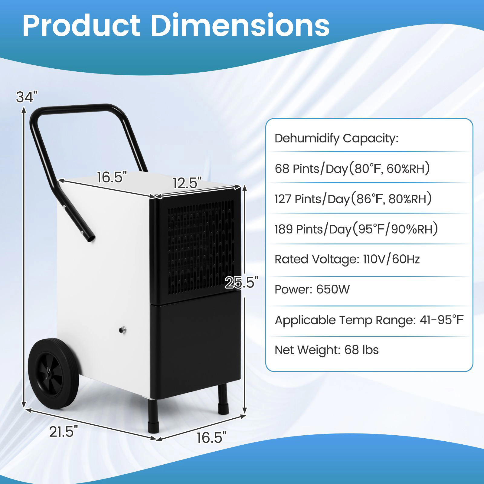 SlickBlue Large Space Dehumidifier, 189 Pints/Day, 41-95°F Operation