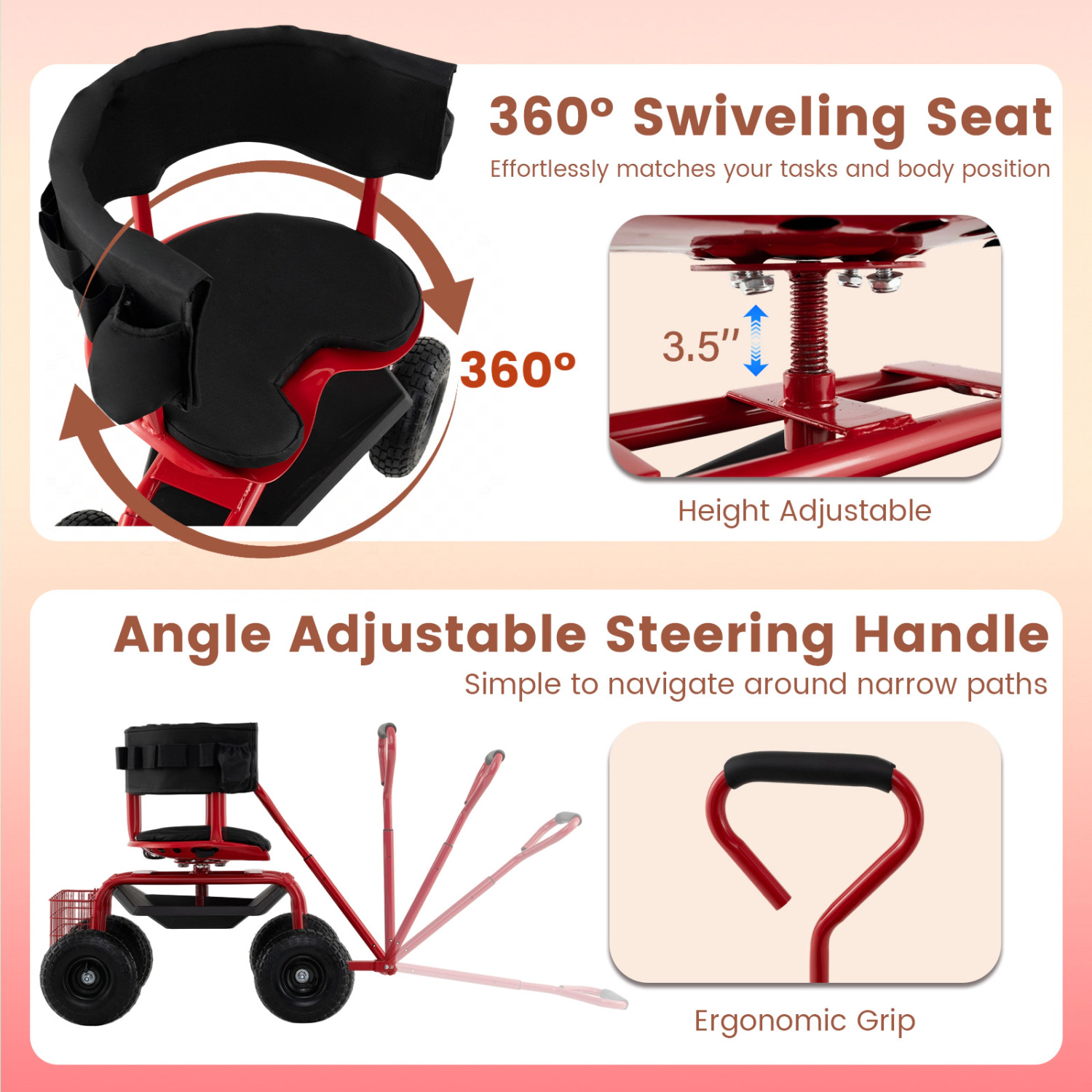 LJG Cushioned Rolling Garden Cart Scooter with Storage Basket and Tool Pouch