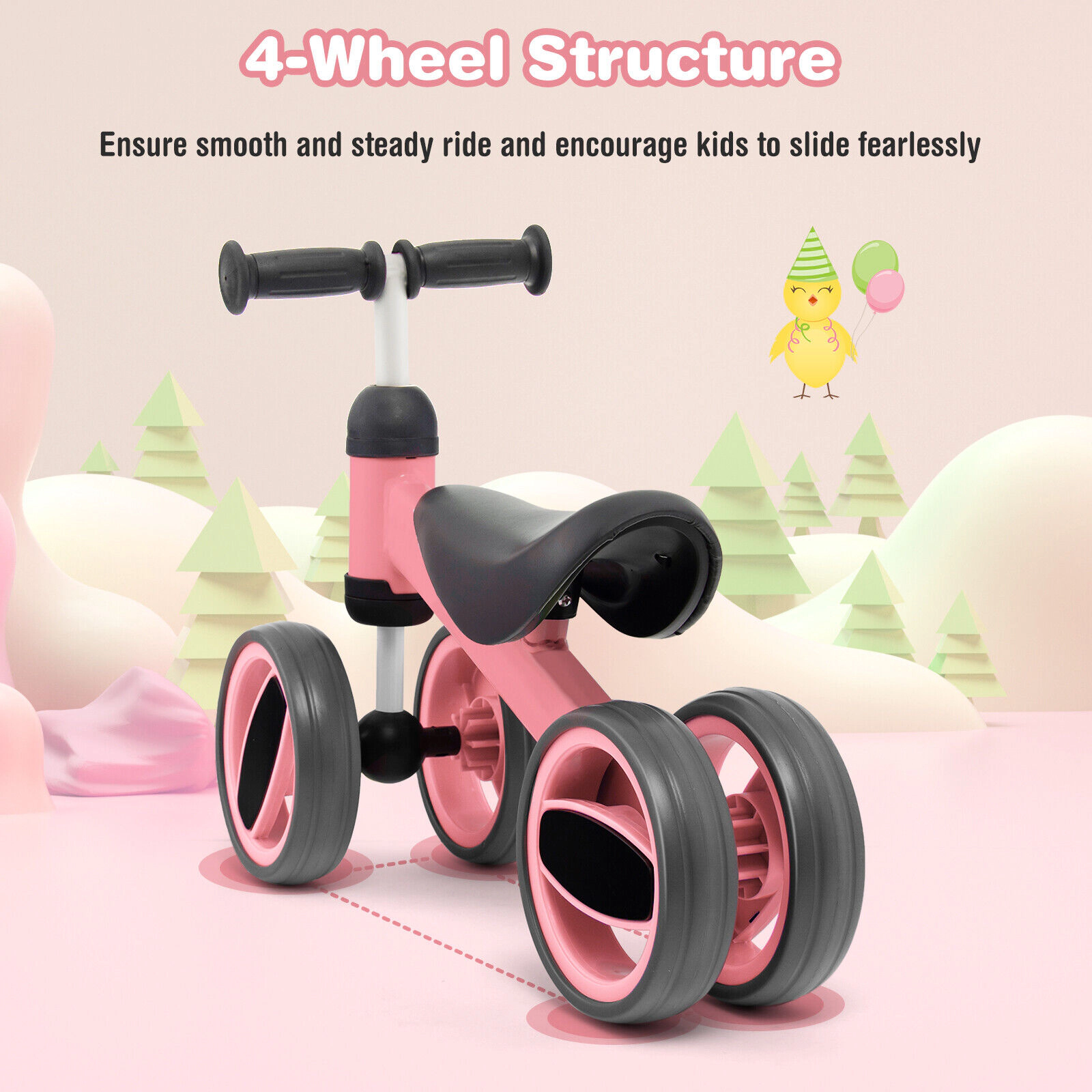 SUGIFT 4-Wheel Baby Balance Bicycle Toy with Steel Frame 44-lb Capacity Ages 1-2 Years Pink