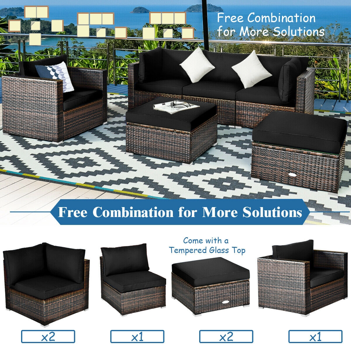 LJG 6 Pcs Patio Rattan Furniture Set with Sectional Cushion