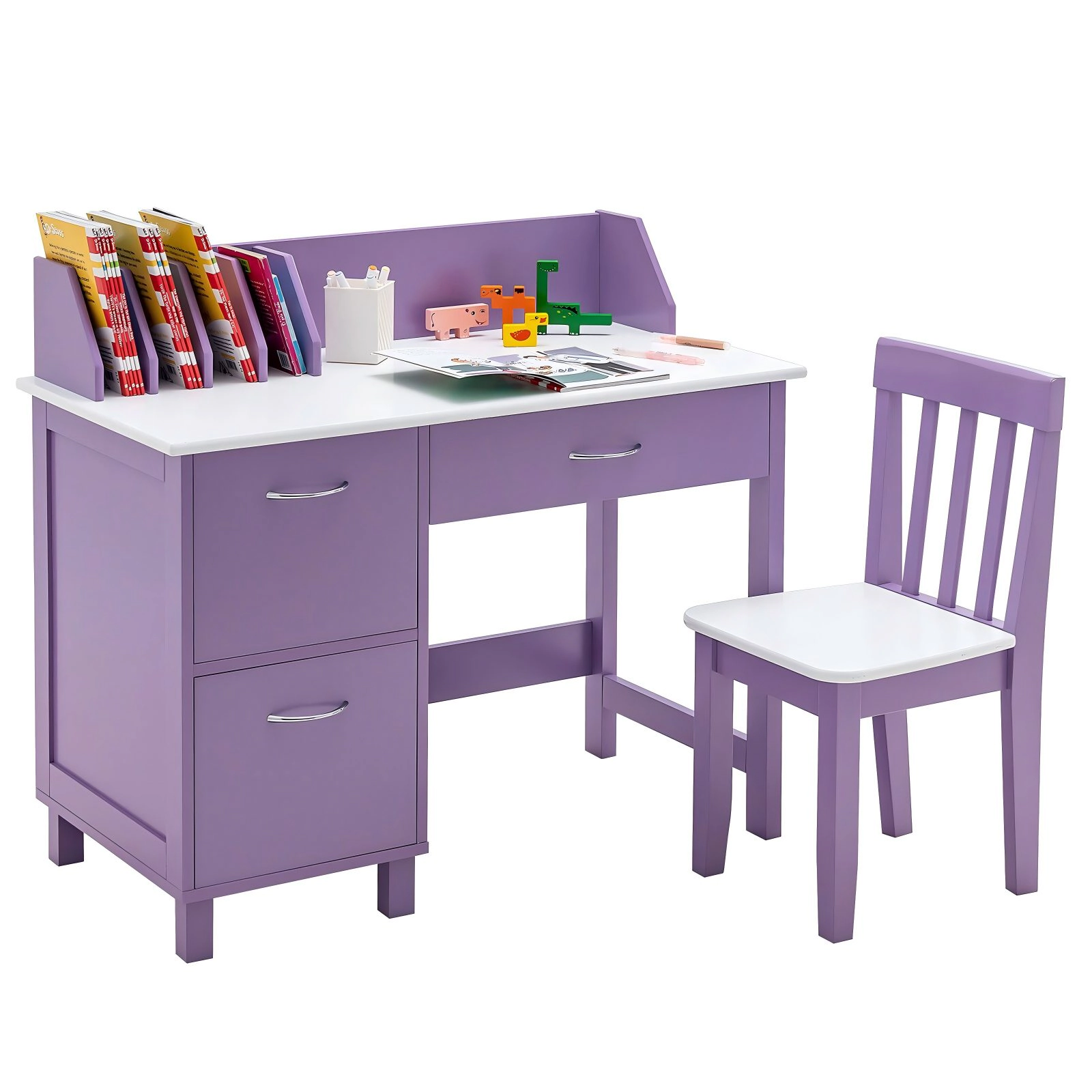 SUGIFT Kids Wooden Writing Desk & Chair Set Drawer & Storage Cabinet 110-lb Table 165-lb Chair Capacity Ages 3+ Purple