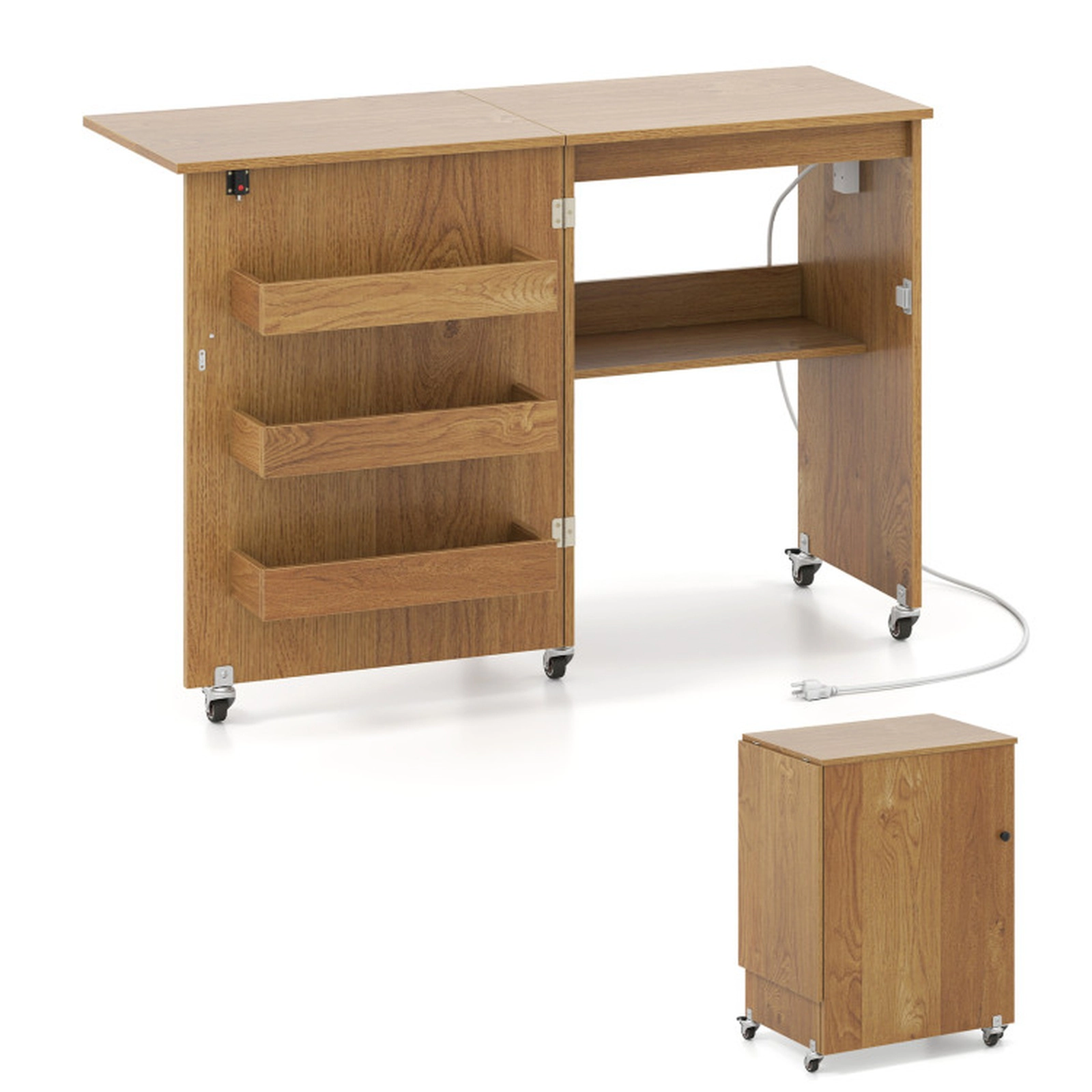 SUGIFT Folding Sewing Machine Desk with Charging Station and Lockable Casters 45-lb Capacity Brown/Natural/White &