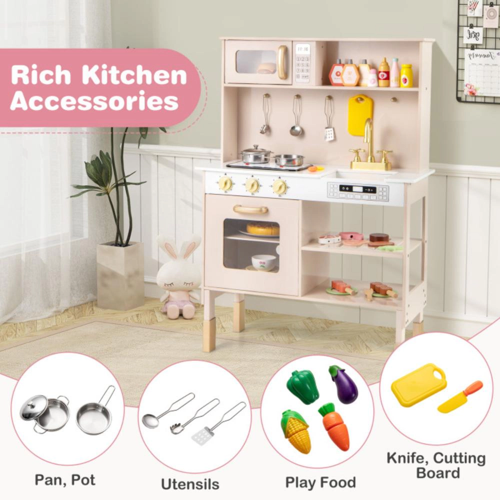 Hivvago Play Kitchen Height Adjustable With Microwave And Lights And Sounds-Pink