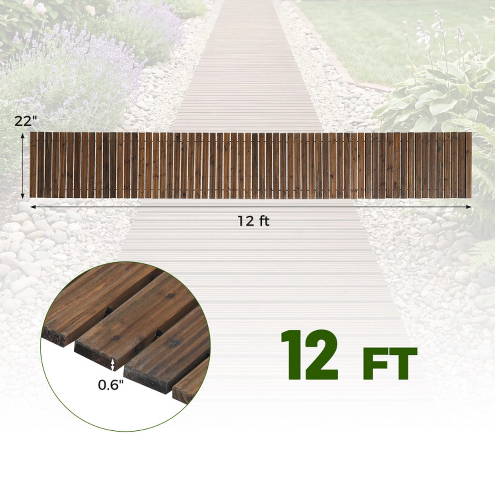 SUGIFT Brown Cedar Wood Roll Out Garden Pathway with Reinforced Wire Ropes 12-ft W 22-in D 0.6-in H