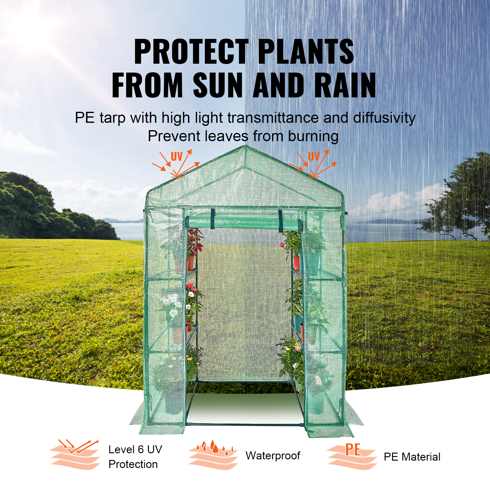 HONGGE Walk-In Greenhouse, 4.6 x 2.4 x 6.7 ft, Steel Frame with 4 Shelves & Roll-Up Zipper PE Cover