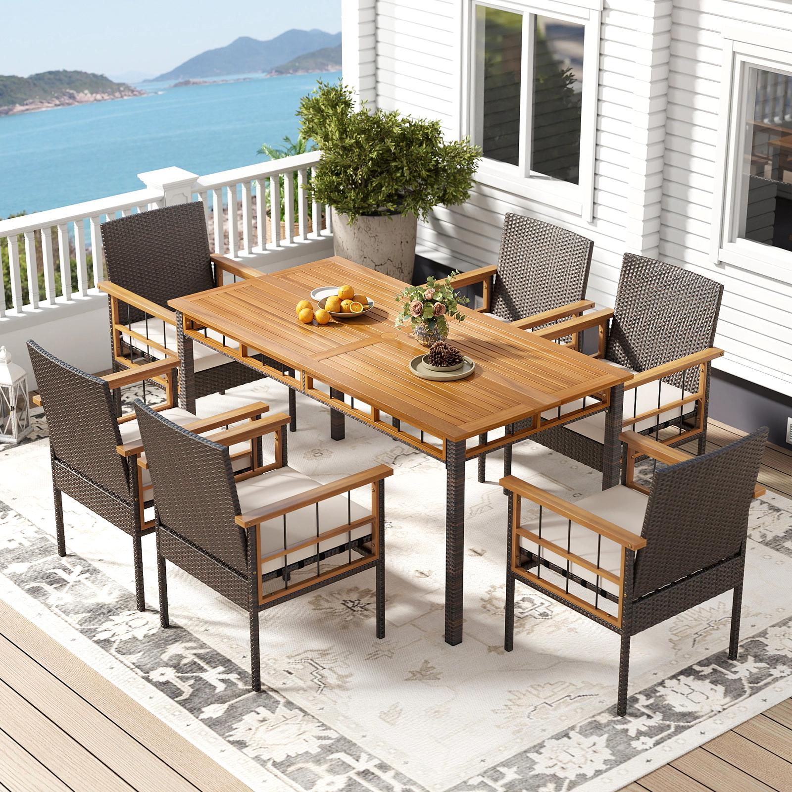 SUGIFT Patio Dining Chairs Set of 2, White Cushions, Acacia Wood and PE Rattan