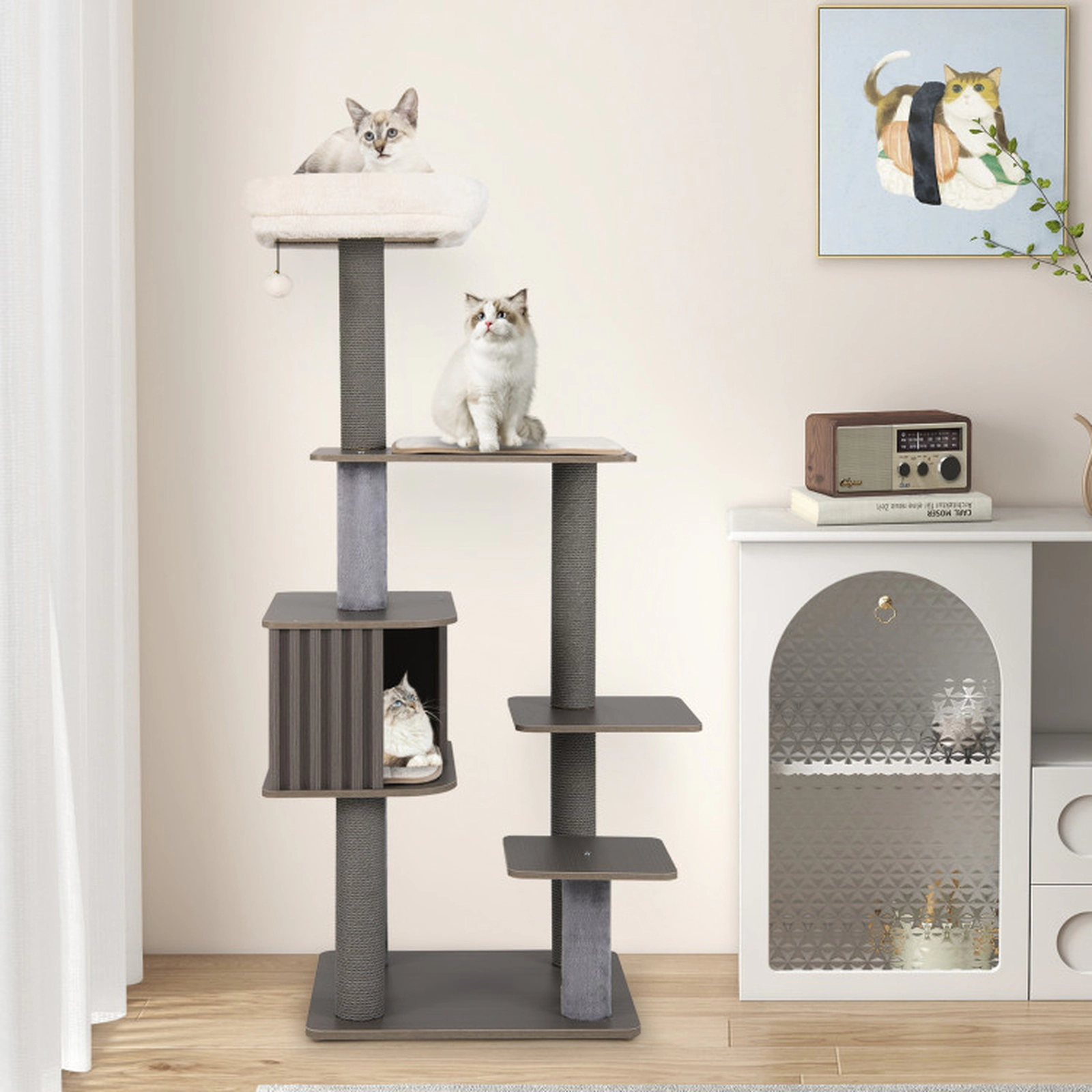 SUGIFT 59.5-in Multi-Level Cat Tree for Indoor Cats with Fence-Style Condo and 16.5-in Padded Top Perch