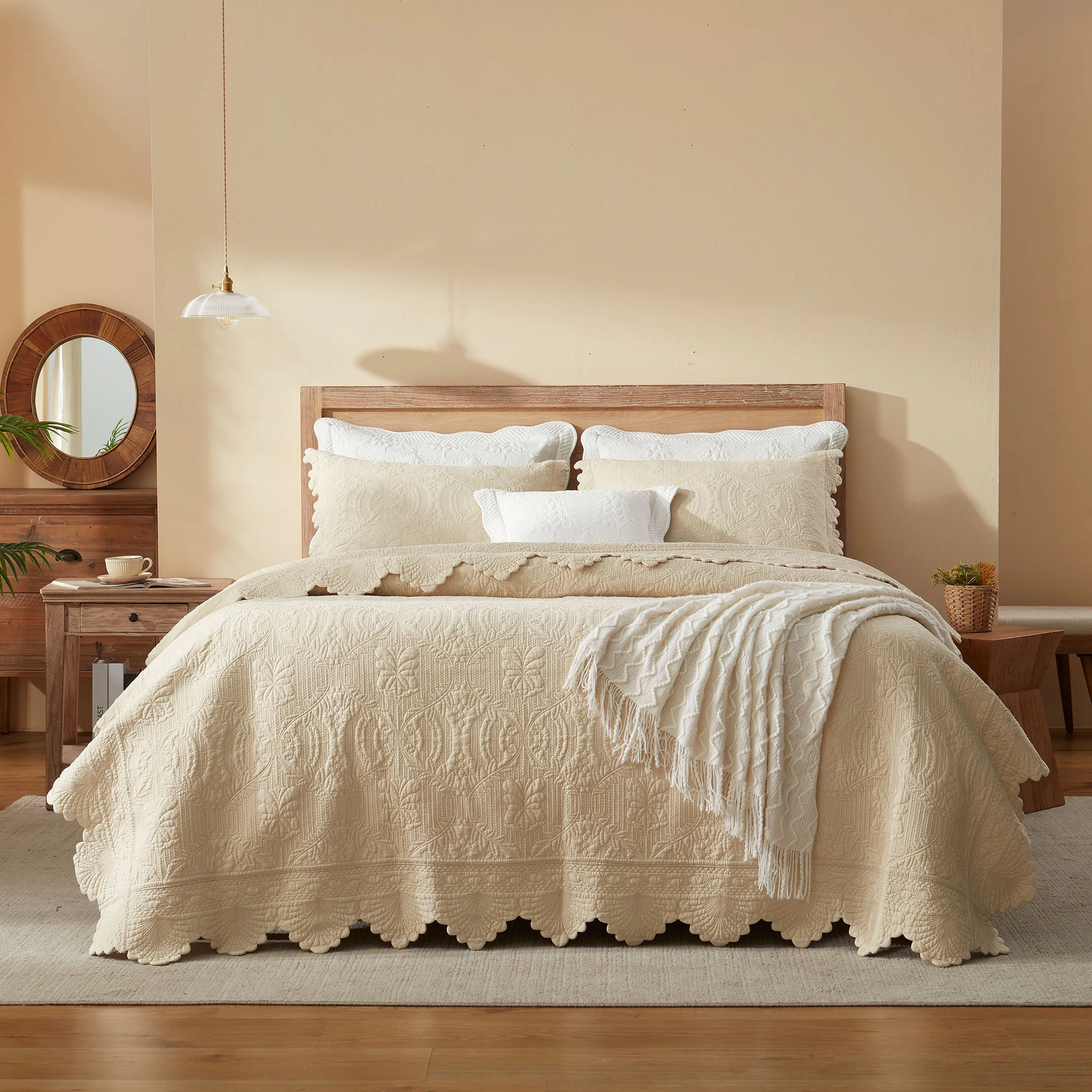 MarCielo 3 Piece Oversized Embroidered Quilt Bedspread Set 100% Cotton