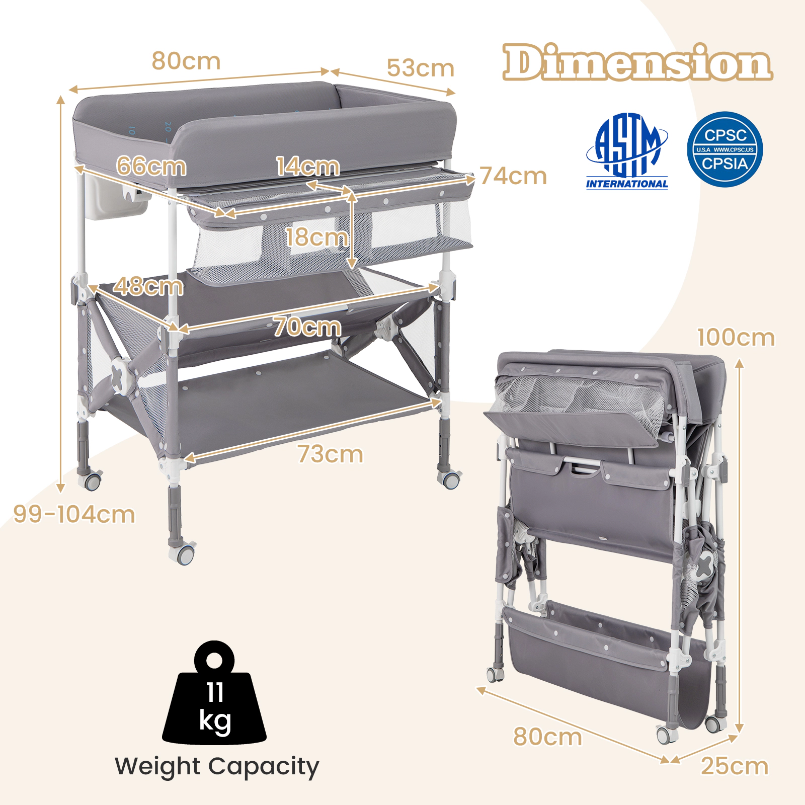 SUGIFT Portable Baby Changing Table Gray with Wheels Storage Basket and Trash Bin