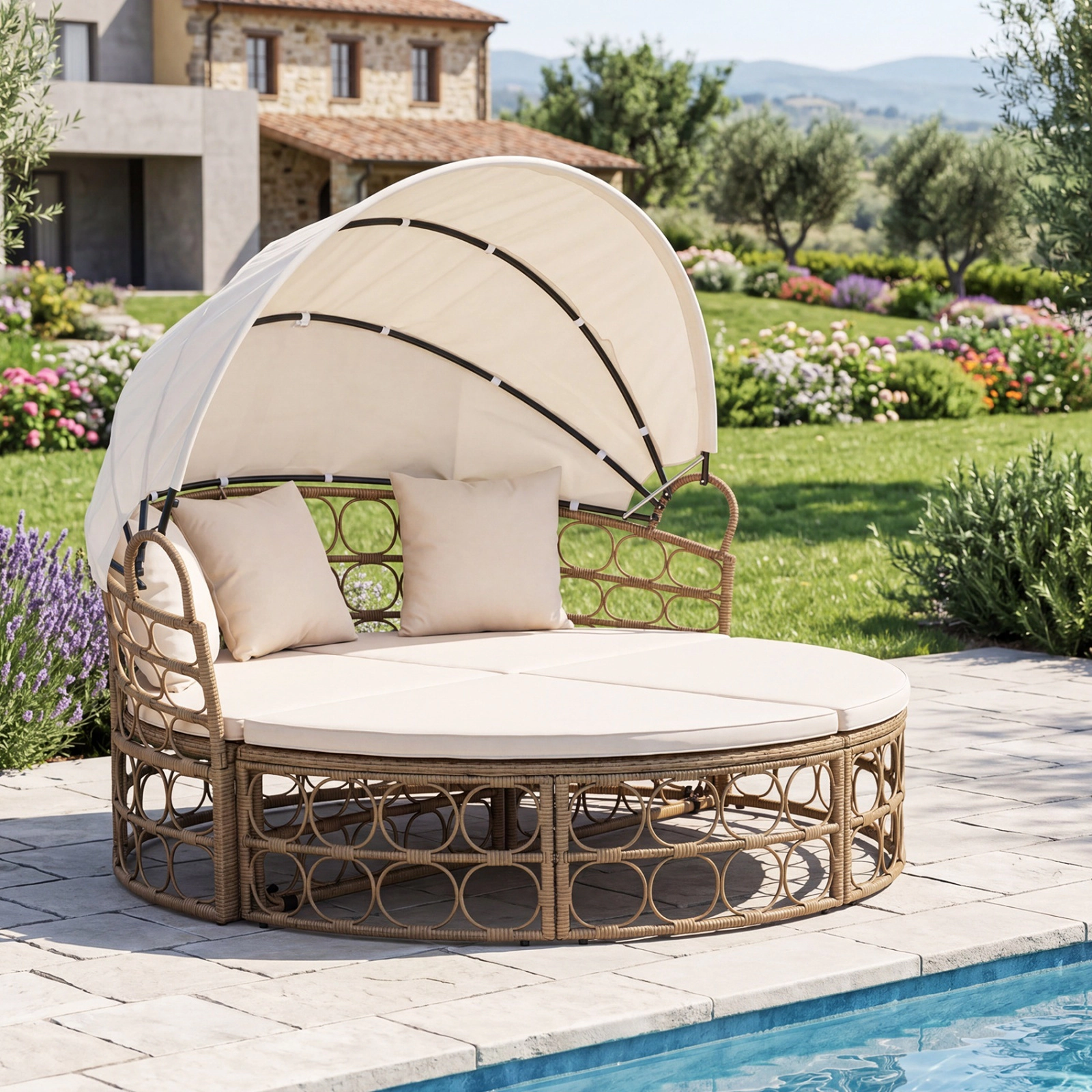 SUGIFT 66-Inch Round Outdoor Daybed with Retractable Canopy, Yellow PE Rattan Wicker