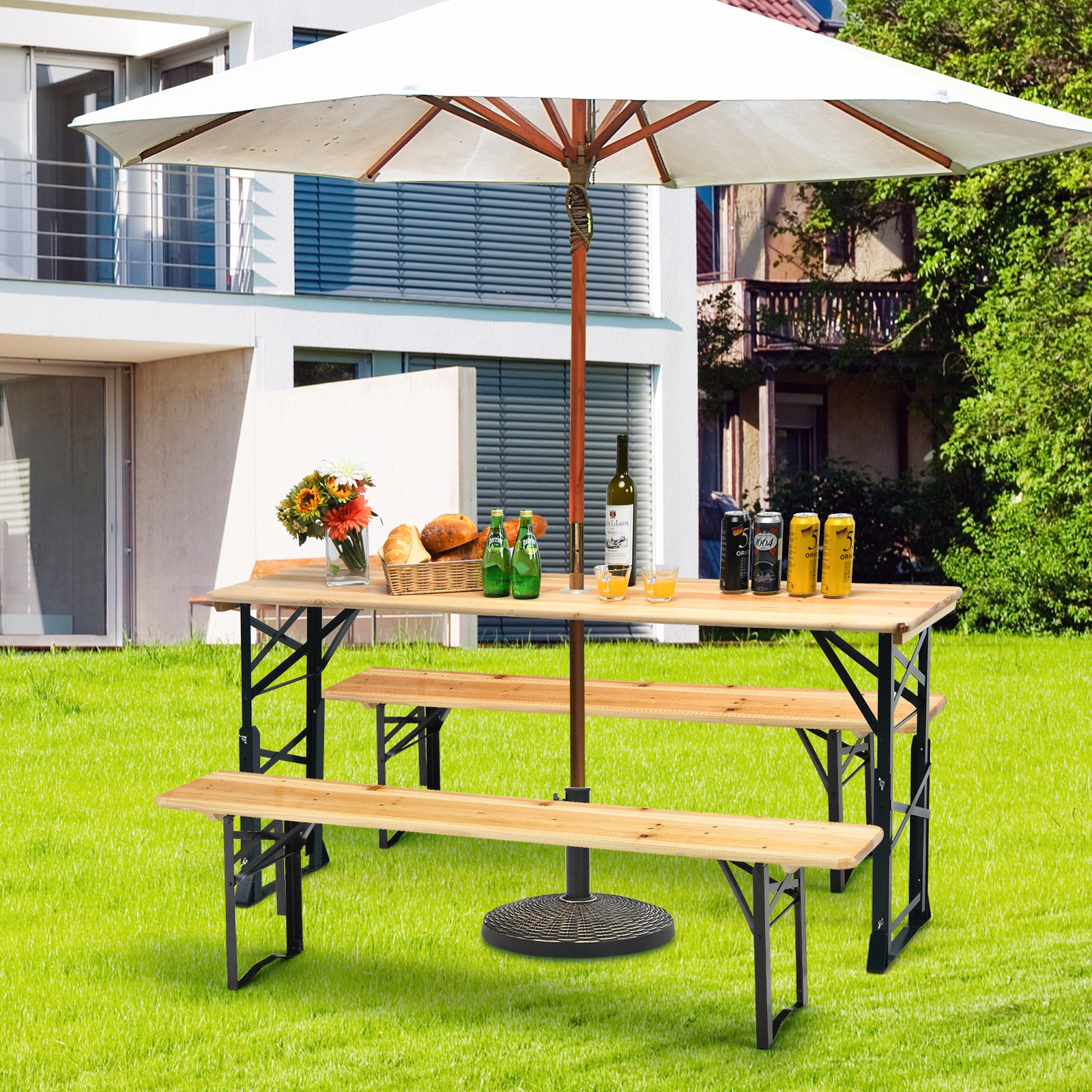SUGIFT 66.5-in Natural Wood Folding Picnic Table with 2 Adjustable Heights and Umbrella Hole