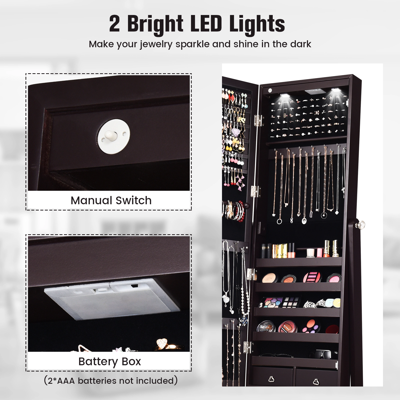 Glintex Freestanding Jewelry Cabinet with Stand 8 LED Lights and Full Mirror, Brown
