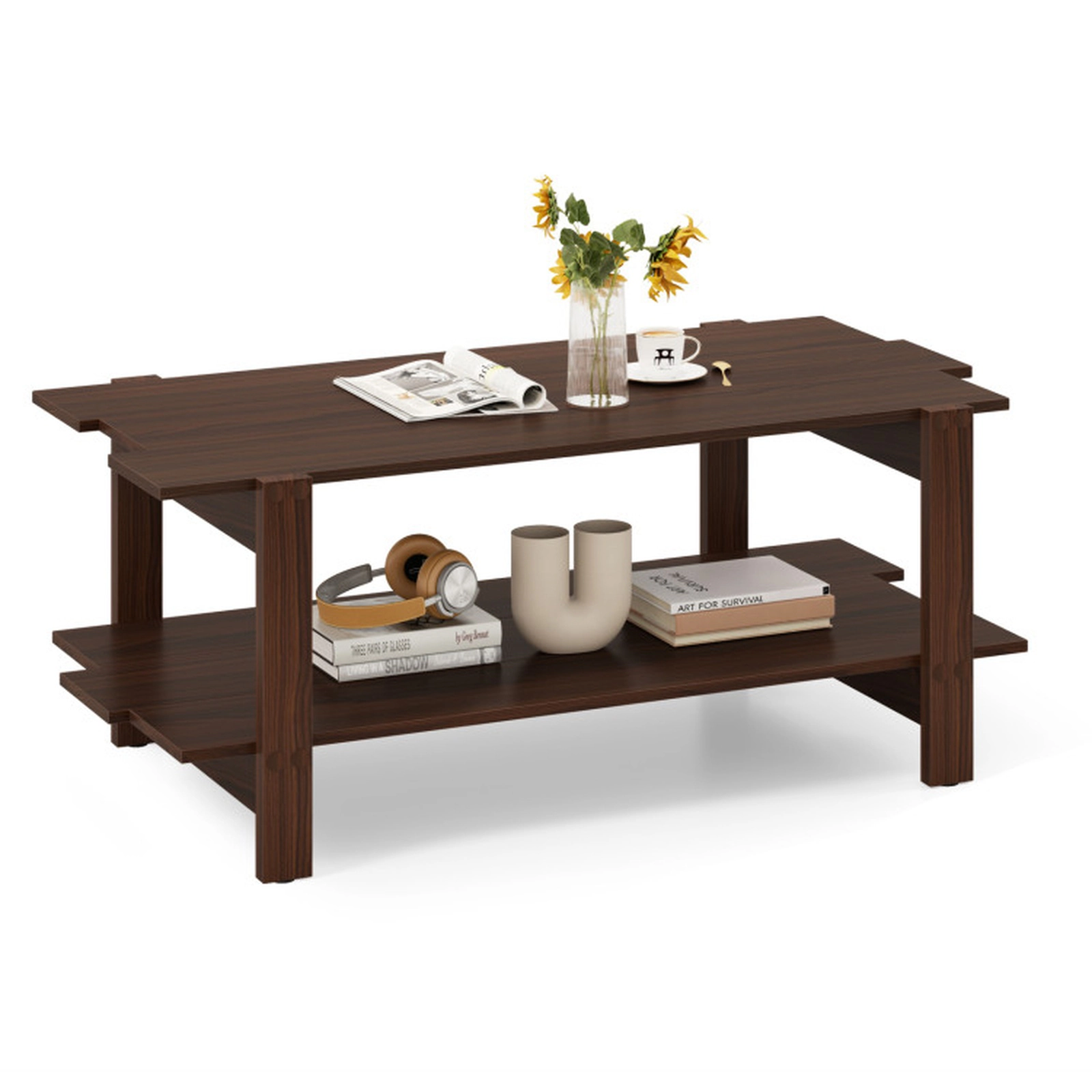 SUGIFT 2-Tier Slatted Engineered Wood Open Storage Coffee Table 45-in x 23.5-in x 18.5-in 135-lb per Shelf Walnut
