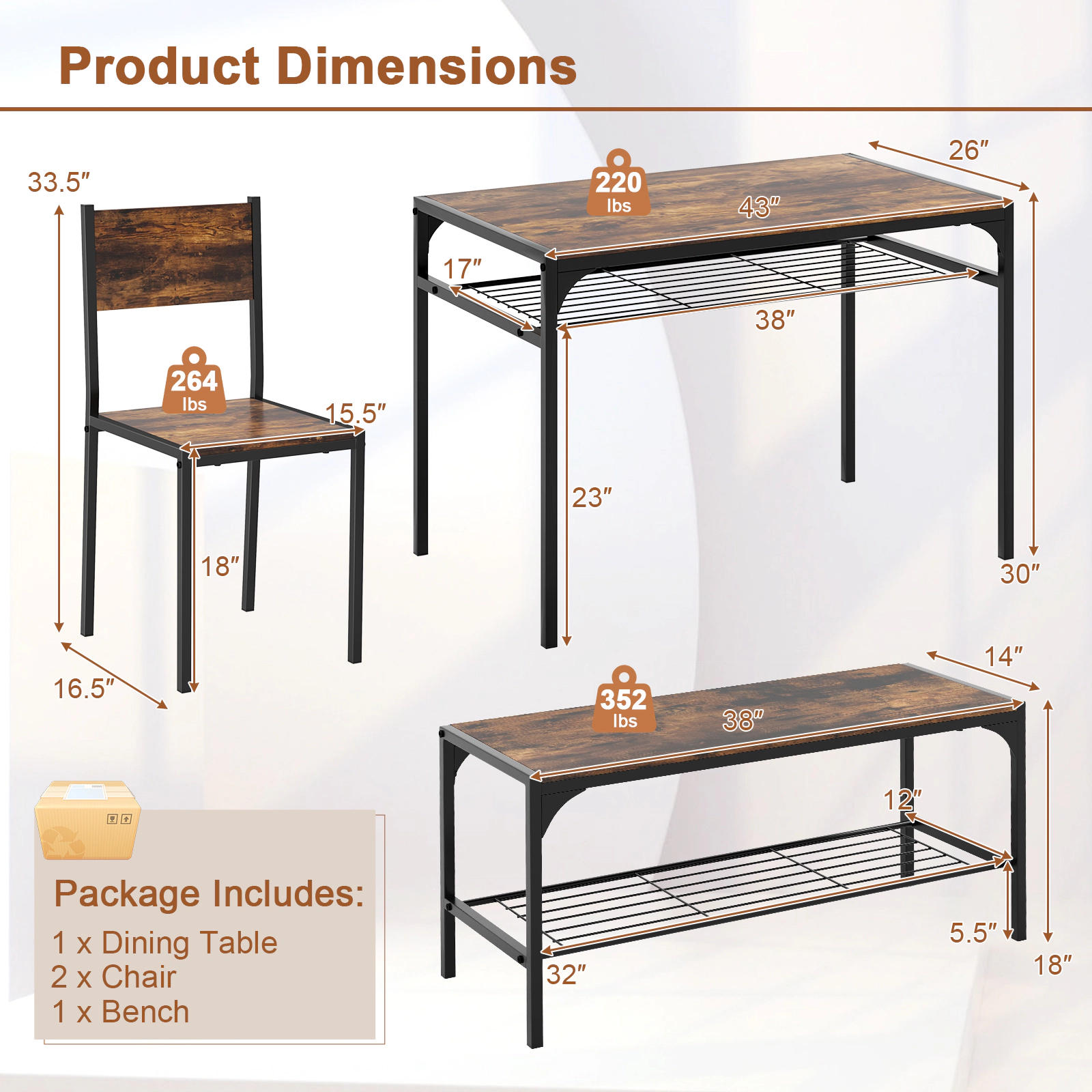 SUGIFT 4-Piece Industrial Dining Set, 43-Inch Table, Bench, 2 Chairs, 2 Storage Shelves