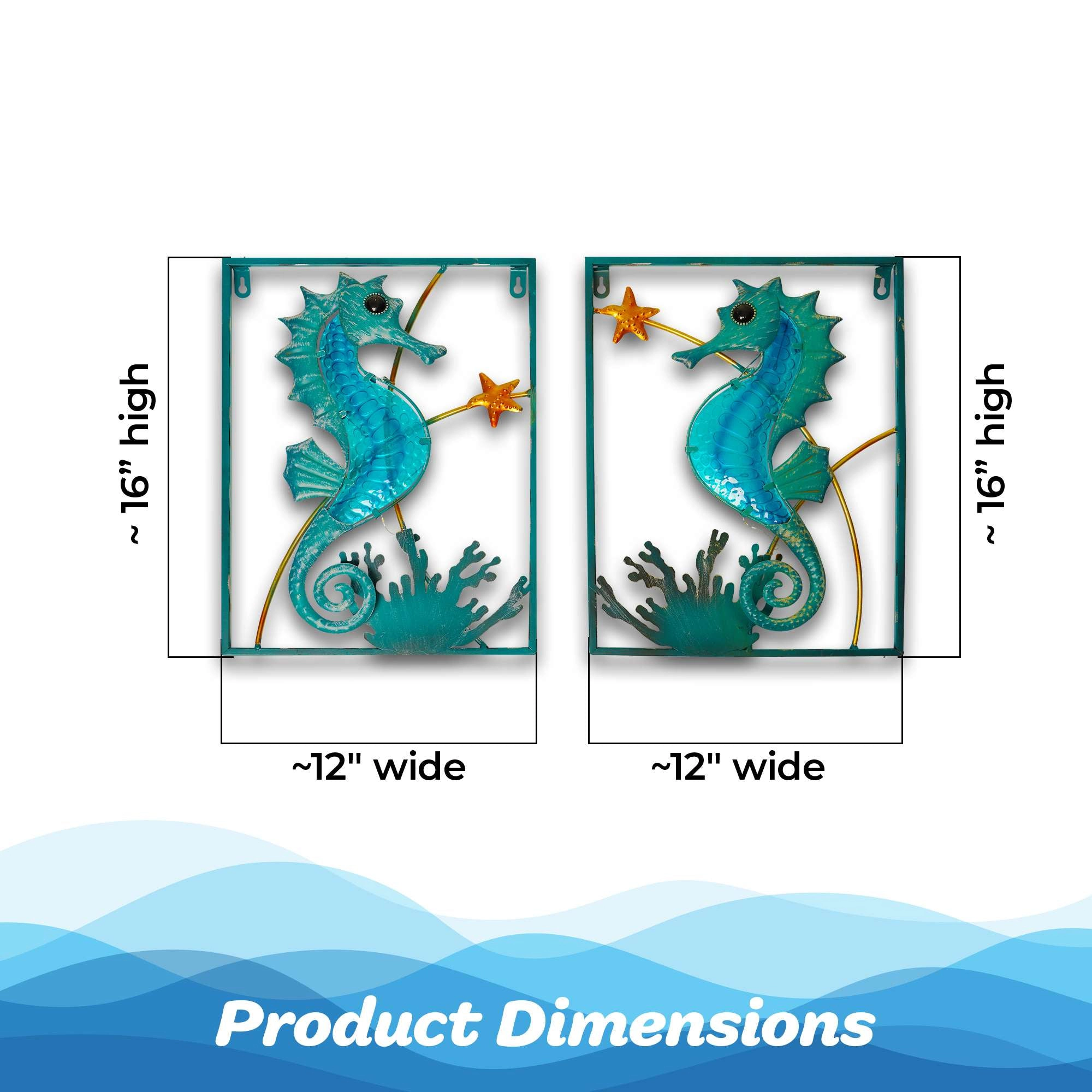 G128 Seahorse Metal Wall Art Set - Turquoise LED Coastal Decor, 16" x 12", Set of 2 - Battery Operated