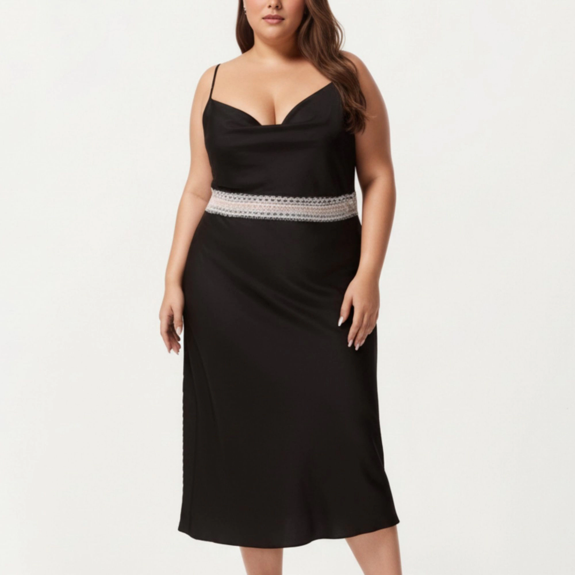 Anna-Kaci Women's Plus Satin Slip Dress with Lace Waist Detail Adjustable Spaghetti Straps Midi Sleepwear Nightgown
