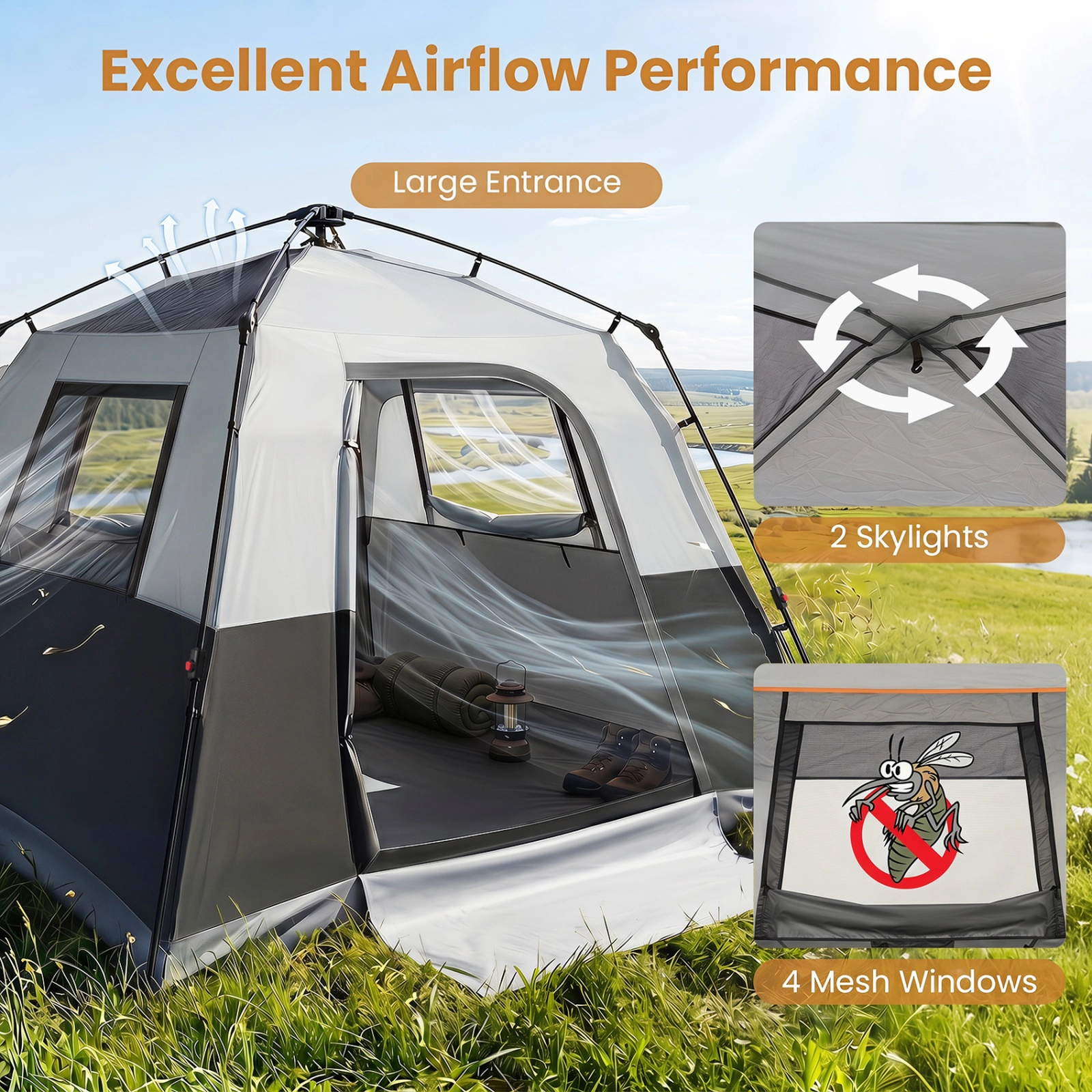 SUGIFT Blackout Easy Setup 6-Person Instant Cabin Camping Tent with Rainfly and Carrying Bag Orange/Gray