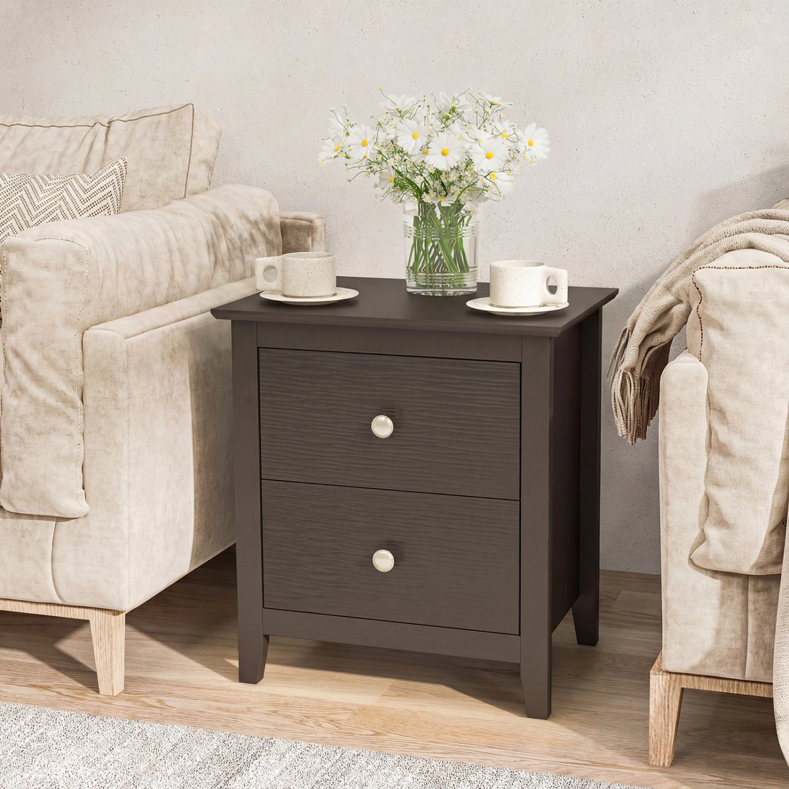 SUGIFT Modern Nightstand with 2 Drawers for Small Spaces End Table 44-lb Tabletop Capacity Black Natural White
