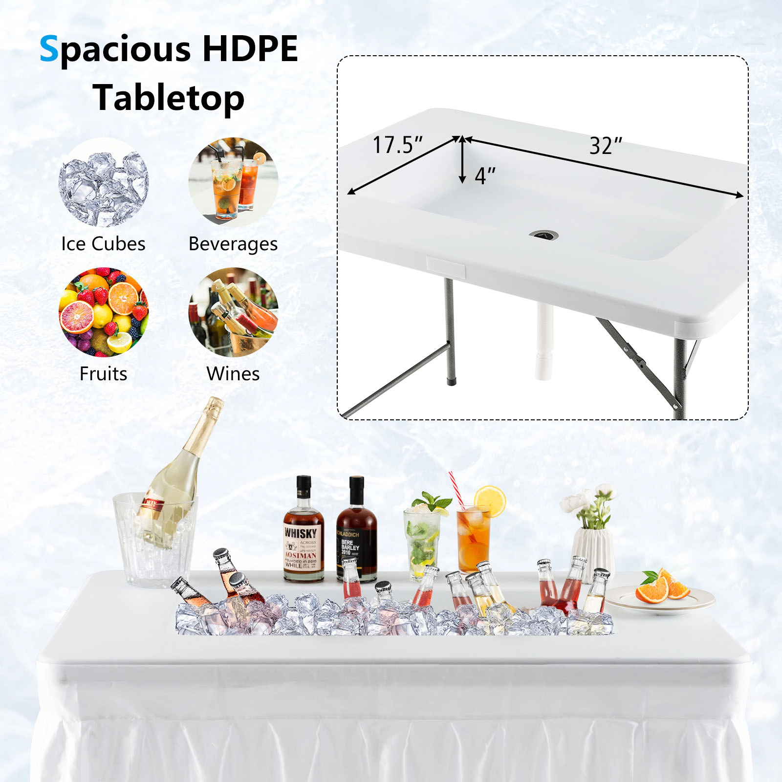 LJG 4 Feet Folding Ice Bin Table with Skirt for Camping Picnic Wedding with Ice Bucket