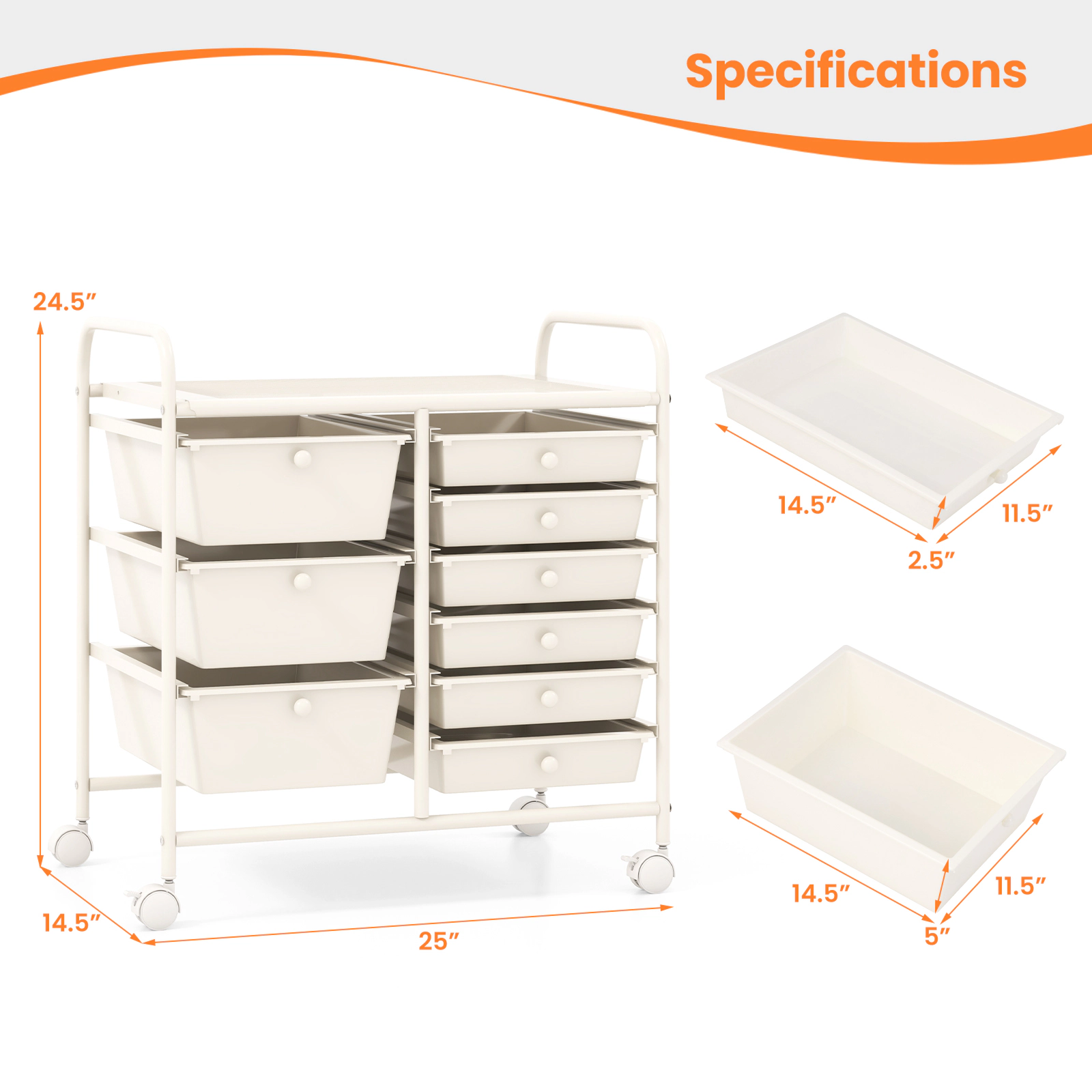 SUGIFT 9-Drawer Rolling Storage Cart with Metal Frame and PP Drawers 22-lb Tabletop Capacity White