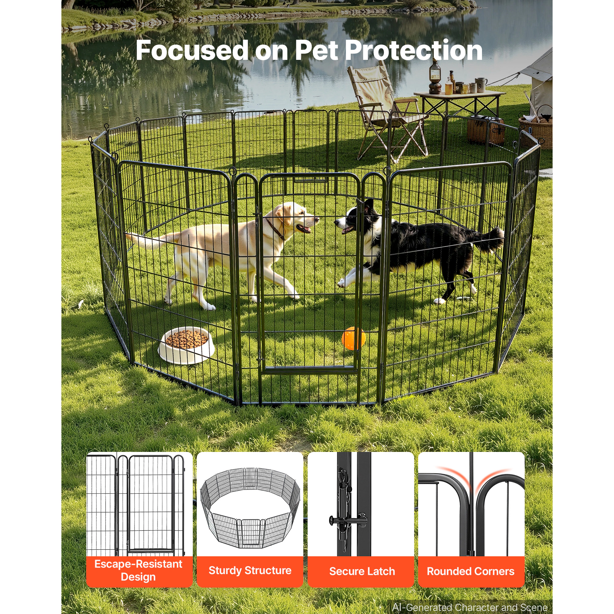 HONGGE 40-Inch 16-Panel Heavy Duty Metal Dog Exercise Pen for Large Dogs, Foldable Portable Pet Fence, Black