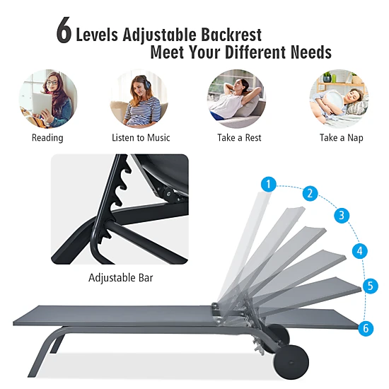 SUGIFT 6-Position Adjustable Aluminum Fabric Outdoor Recliner Chair 330-lb Capacity 76-in Long Gray Wheels, 1-Piece