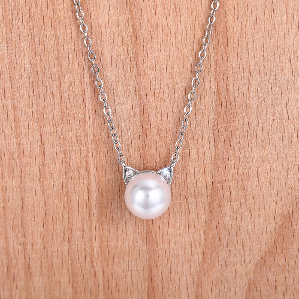 Wardrobe Whimsy Dainty Cat Ear Imitation Pearl Pendant Necklace Cute Animal Jewelry