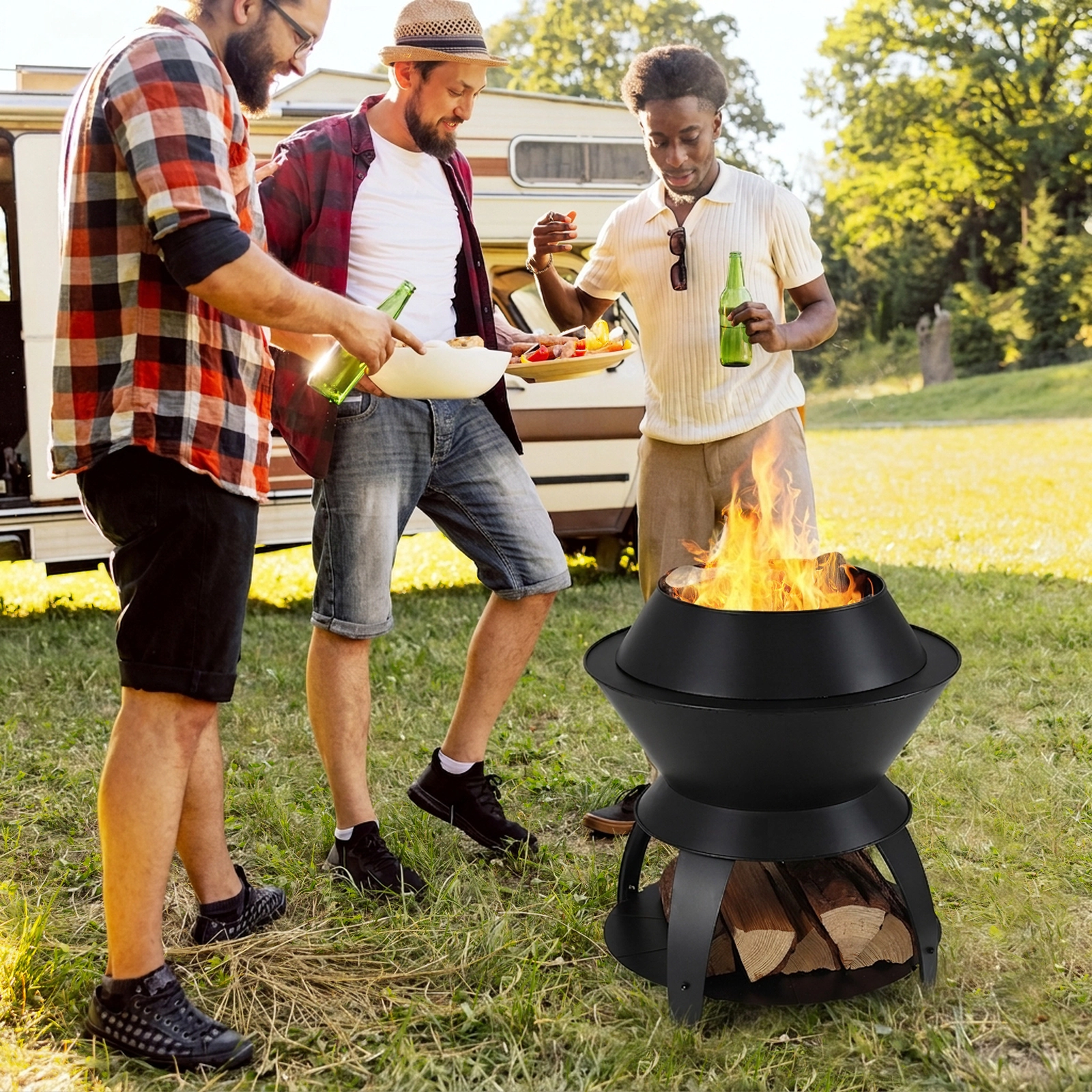 SUGIFT Black Pot Holder and Log Shelf 20-in Patio Fire Pit Metal Camping Fire Bowl