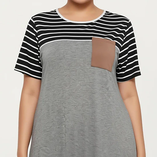 Anna-Kaci Women's Plus Size Short Sleeve Stripe Contrast Top Color Block T Shirt Dress
