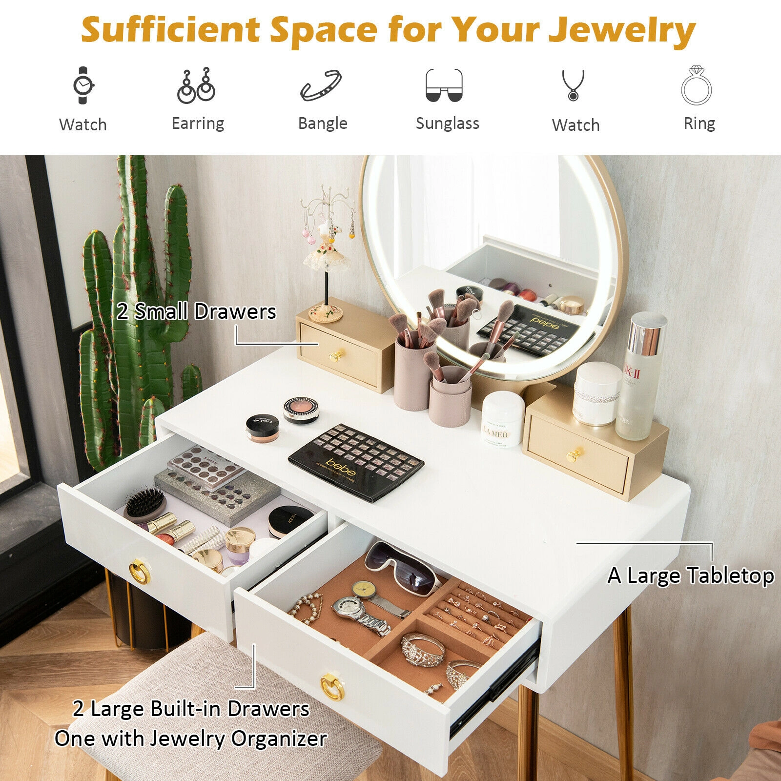 SUGIFT 2-Piece 52.5-Inch Makeup Vanity Set with Lighted Mirror, 4 Drawers and Cushioned Stool