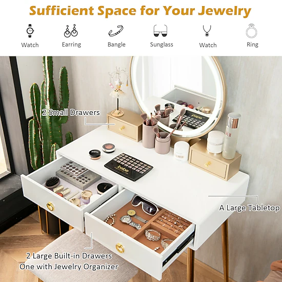 SUGIFT 2-Piece 52.5-Inch Makeup Vanity Set with Lighted Mirror, 4 Drawers and Cushioned Stool