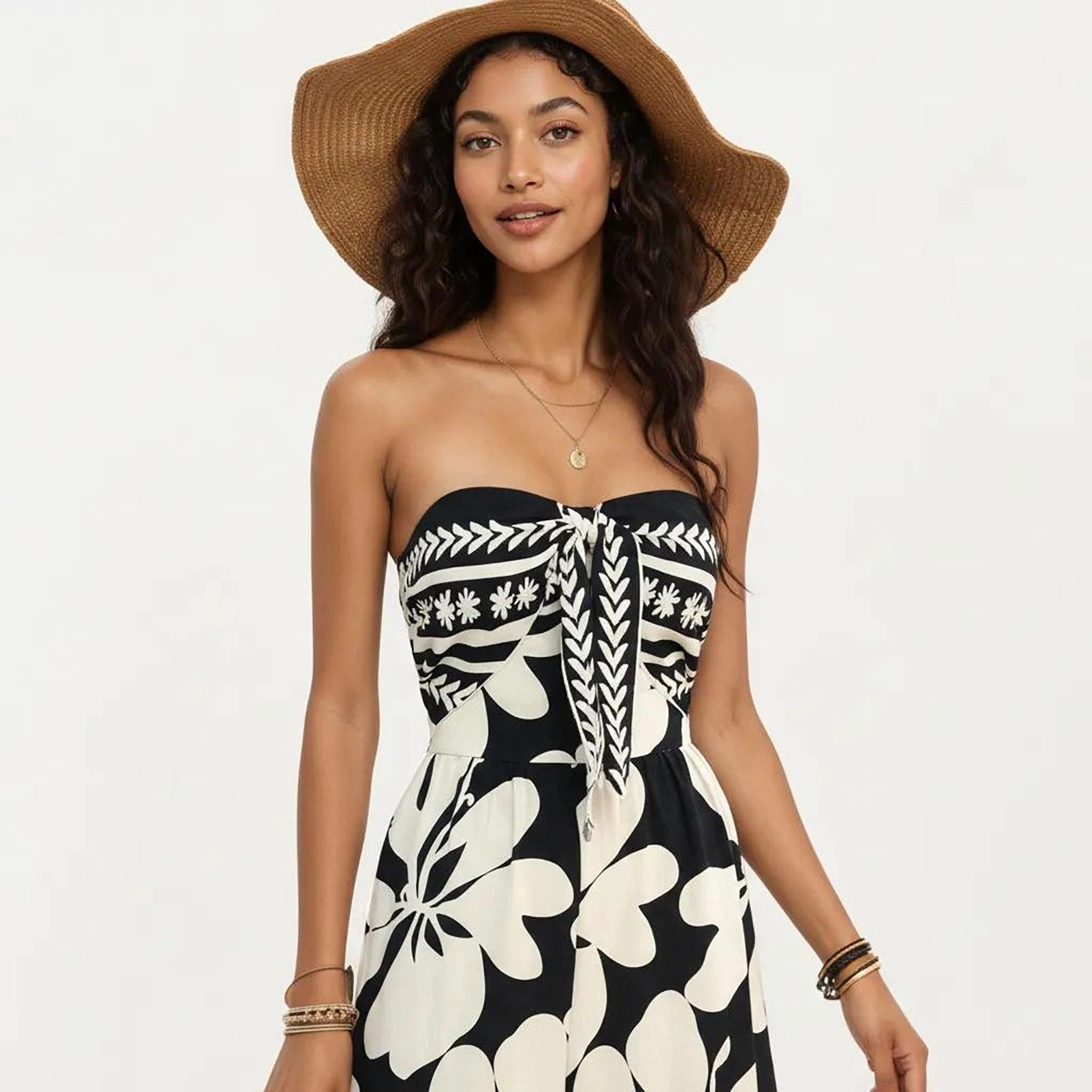 Anna-Kaci Womens Strapless Floral Wide Leg Jumpsuit with Border Trim