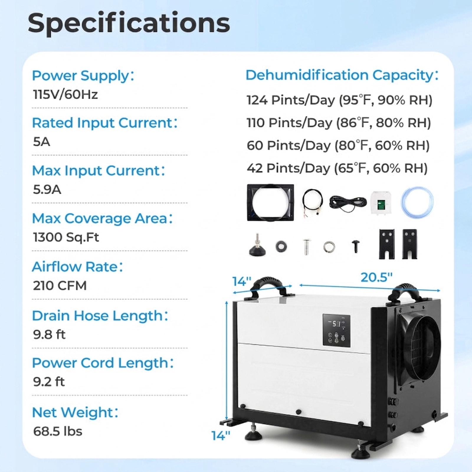 SUGIFT 124-Pint Crawl Space Dehumidifier with 3 Modes and 24H Timer 20.5-in Long 1300-Sq-Ft Coverage Blue/White