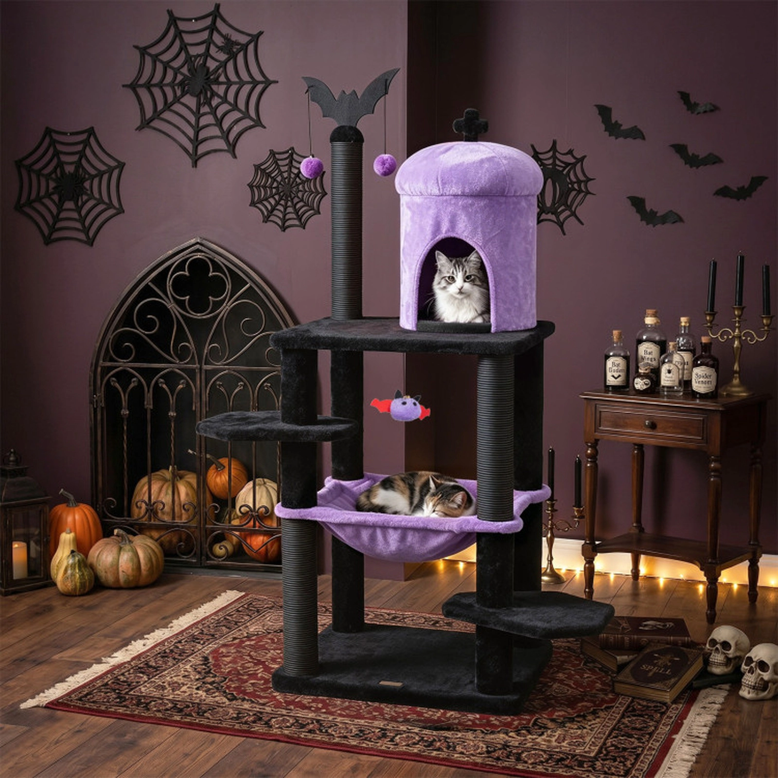 SUGIFT 51-in Gothic Multi-level Cat Tree with Castle Condo Hammock and Spider Toy 22-lb Capacity Purple & Black