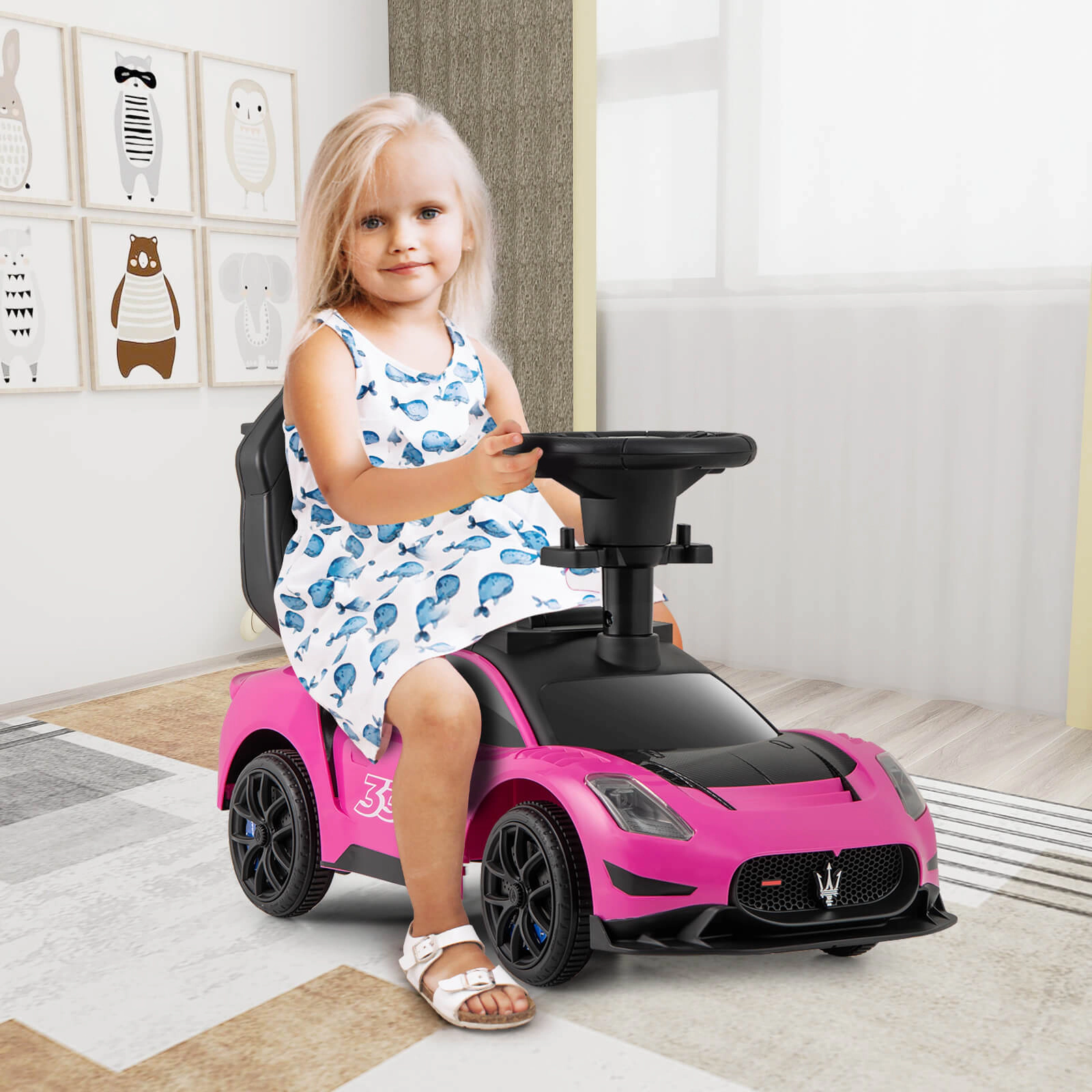 Costway 3-in-1 Ride on Push Car Maserati Licensed Foot to Floor Kids Sliding Walking Pink/White