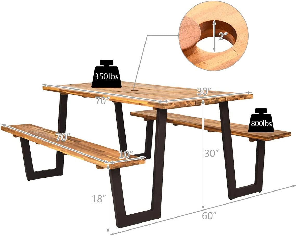 SUGIFT 70-In Acacia Wood Picnic Table Set with Two Benches and Umbrella Hole
