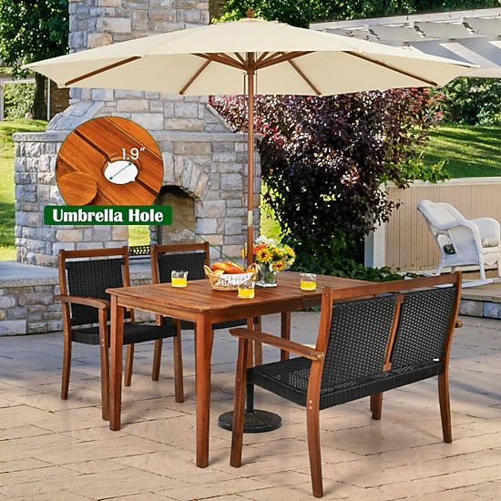 Hivvago 4 Pieces Acacia Wood Patio Rattan Dining Furniture Set