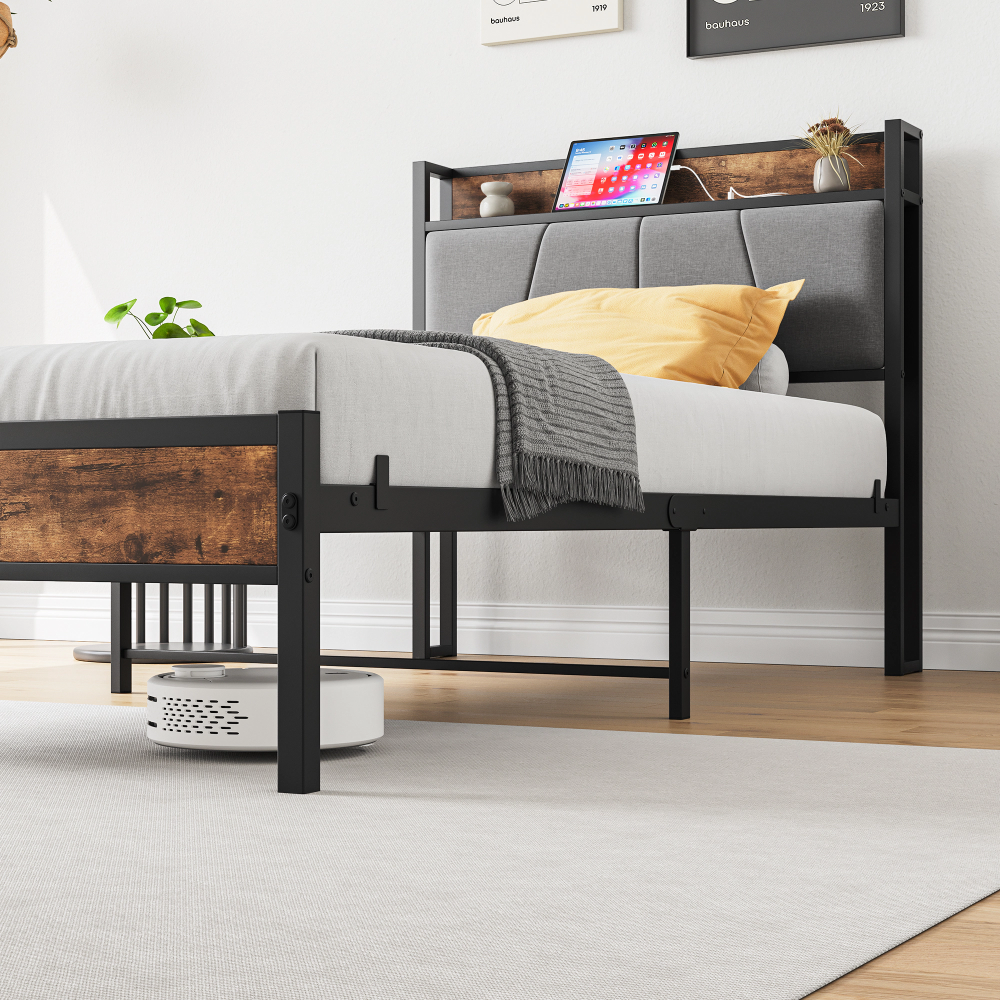 Flynama Twin Bed Frame with Storage Headboard & Charging Station, No Box Spring Needed