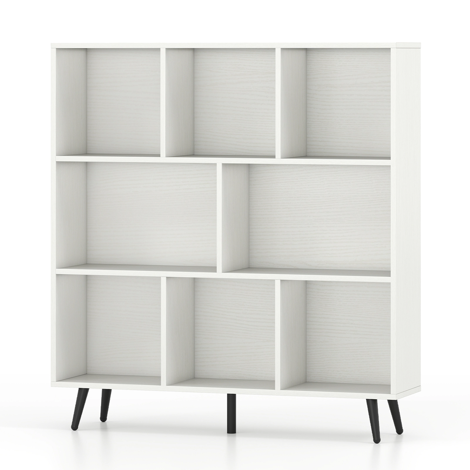 SUGIFT White 8-Cube Bookcase with 5 Tapered Metal Legs and Anti-Tipping Kits
