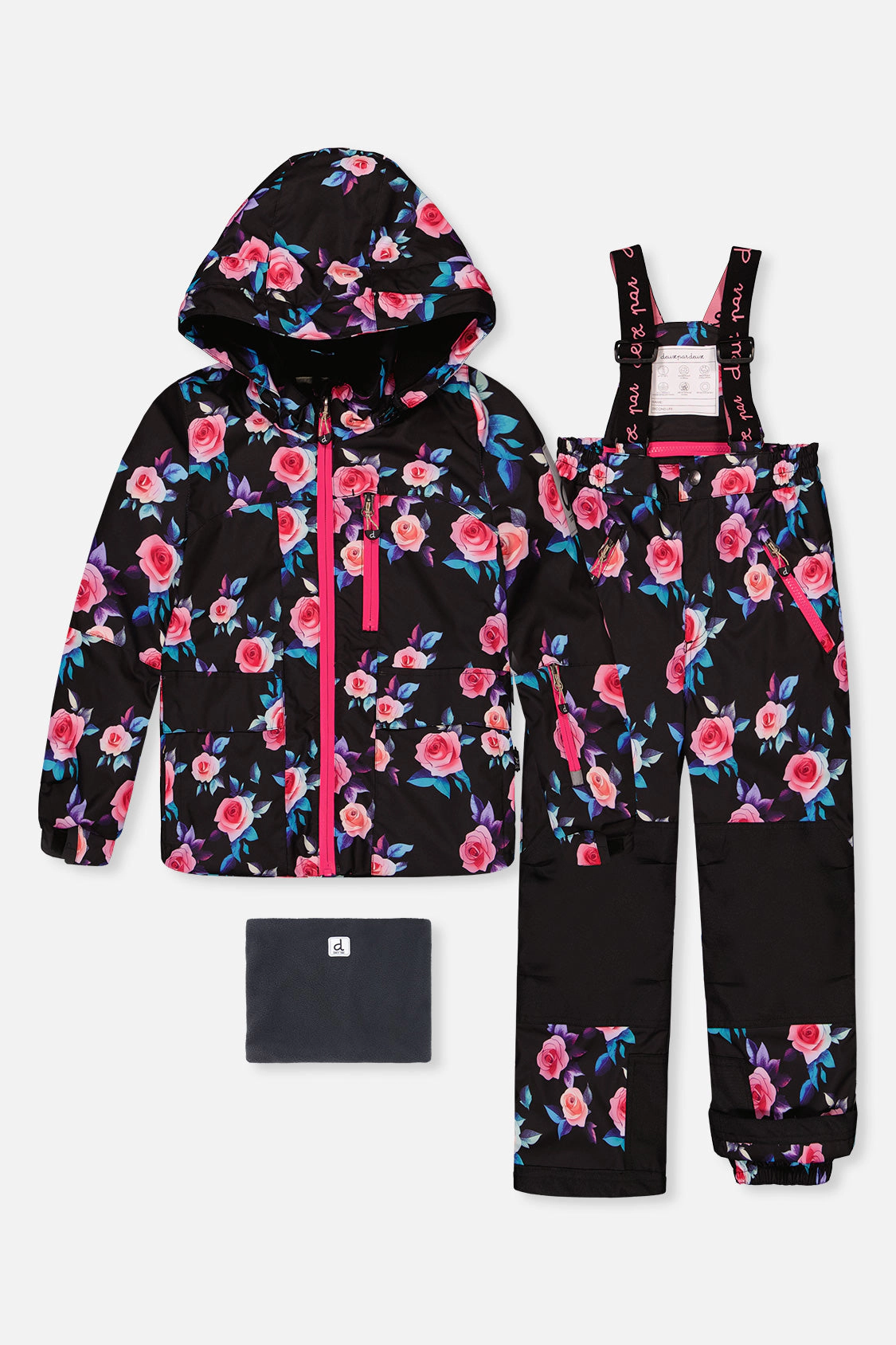 Deux par Girls Rose Print Two Piece Play Snowsuit with Hooded Jacket and Snow Pants
